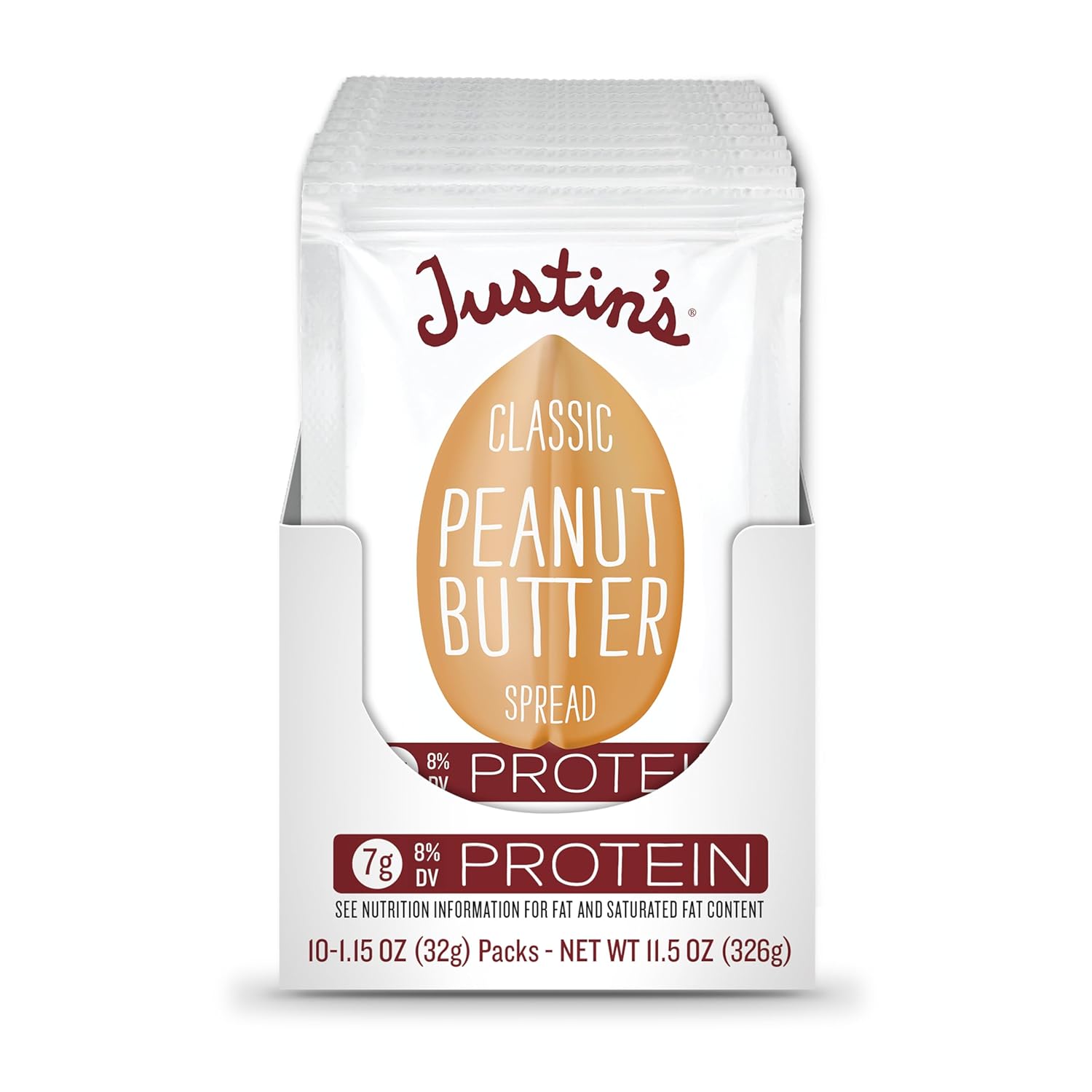 Justin's Classic Peanut Butter Squeeze Packs, Only Two Ingredients, Gluten-free, Non-GMO, Responsibly Sourced, 1.15 Ounce (6 Packs of 10)