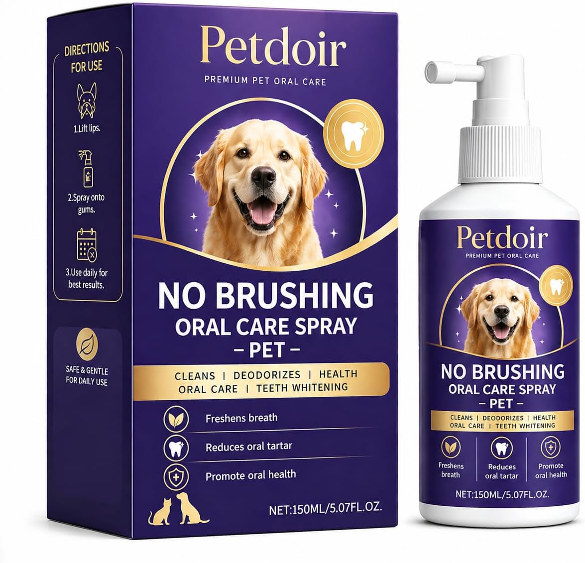 Petdoor Dental Spray, Petdoir Pet Oral Care Spray, No-Brush Mouth Spray for Dogs and Cats, Helps Freshen Breath and Supports Daily Gum and Oral Hygiene, 150ml | No-brush spray