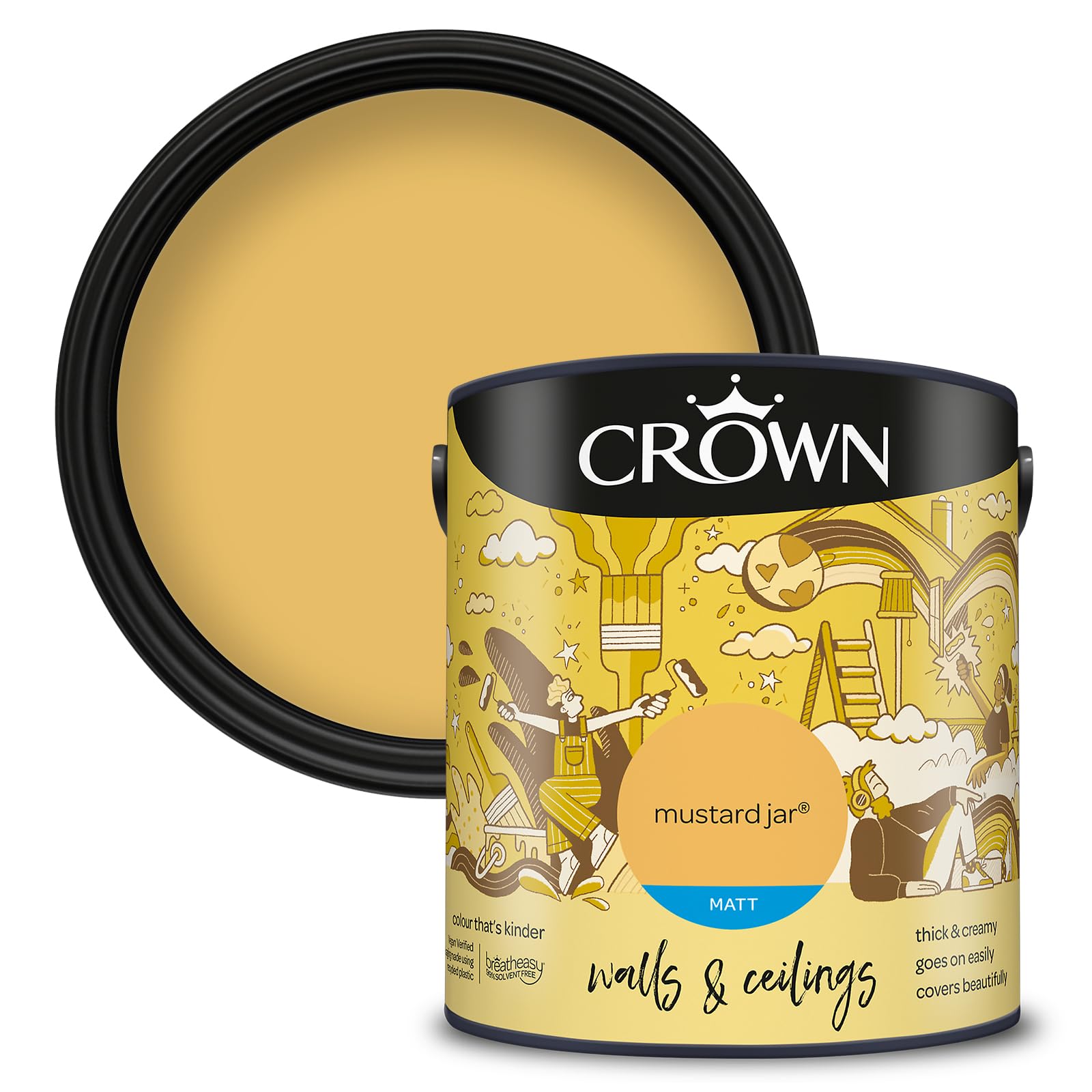 Crown Breatheasy Mustard Jar Matt Emulsion Paint 2.5L - Yellow Walls & Ceilings Paint