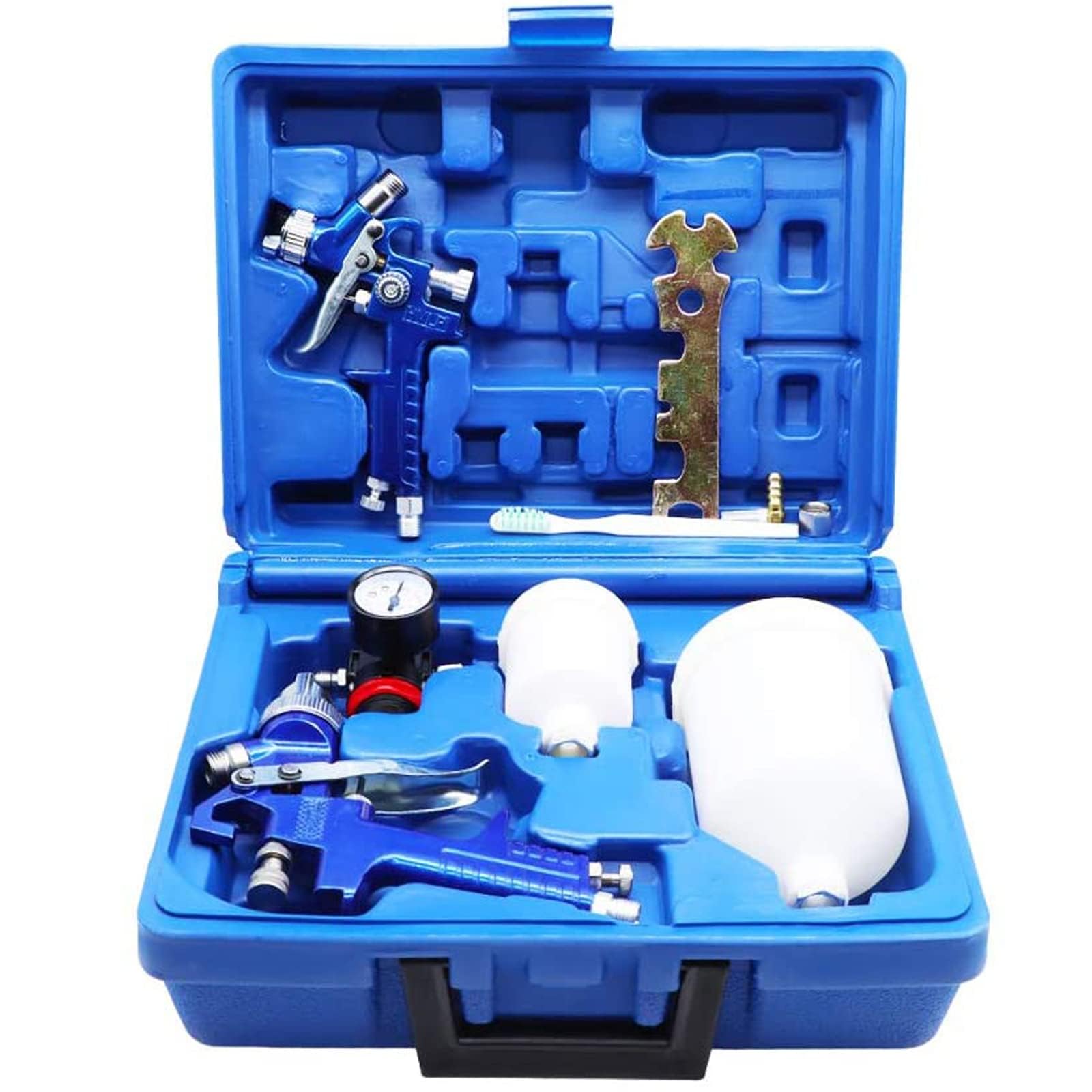 2 Set HVLP Paint Sprayer Set with 0.8MM & 1.4MM Nozzle Professional Air Gravity Feed Spray Gun Kit with 125ML & 600ML Cup & Pressure Gauge for Painting Car Furniture (Blue)