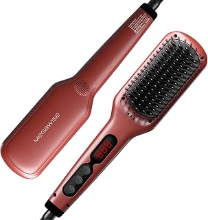 Megawise Pro Ceramic Ionic Hair Straightener Brush: 20s Fast Heat, Auto-Off, Anti-Scald, Dual Voltage, Rotatable Cord - Salon Shine (Tomato Red)