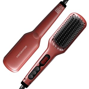 Megawise Pro Ceramic Ionic Hair Straightener Brush Fast 20s Heating Auto-Off Anti-Scald Dual Voltage Rotatable Power Cord Home