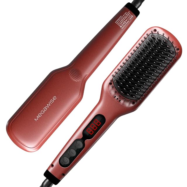 Megawise Pro Ceramic Ionic Hair Straightener Brush Fast 20s Heating Auto-Off Anti-Scald Dual Voltage Rotatable Power Cord Home