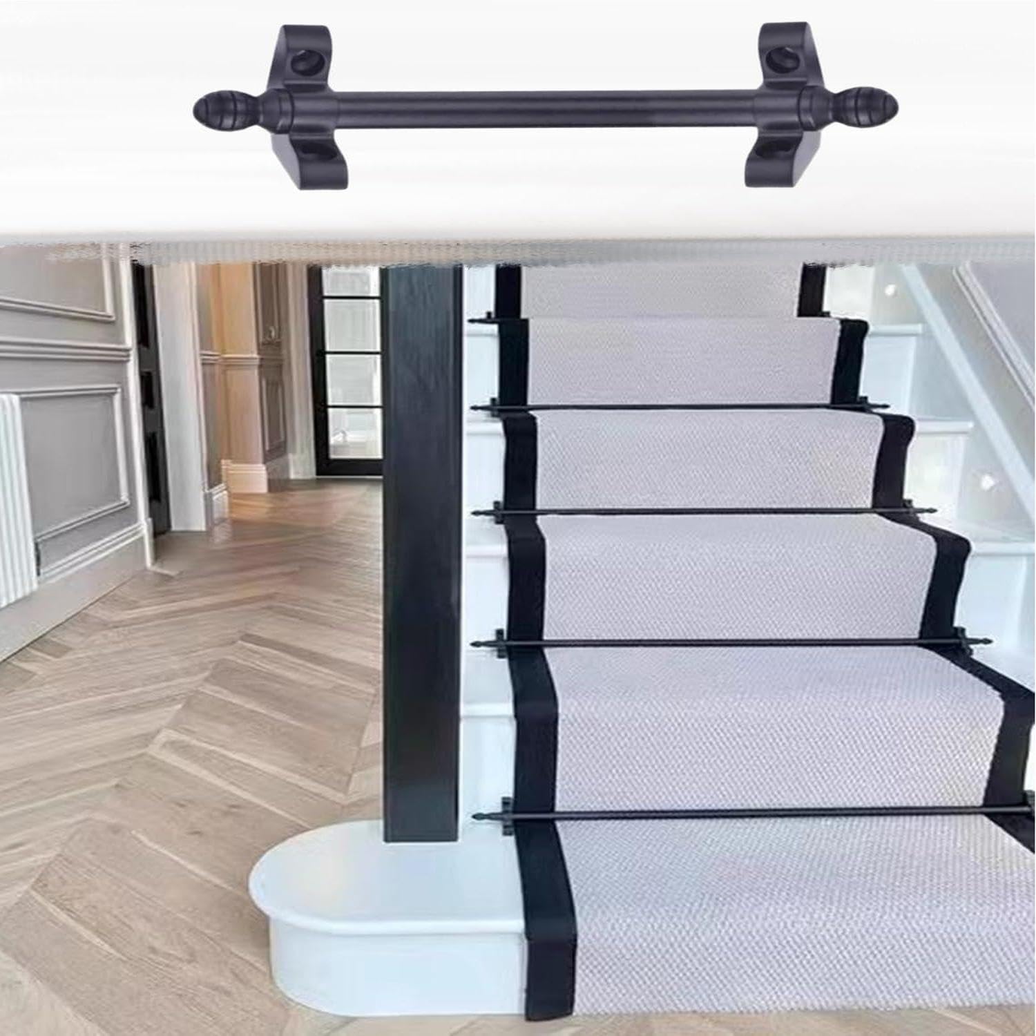 Sécuriser un tapis d'escalier avec les tiges réglables en laiton poli noir de 100 cm