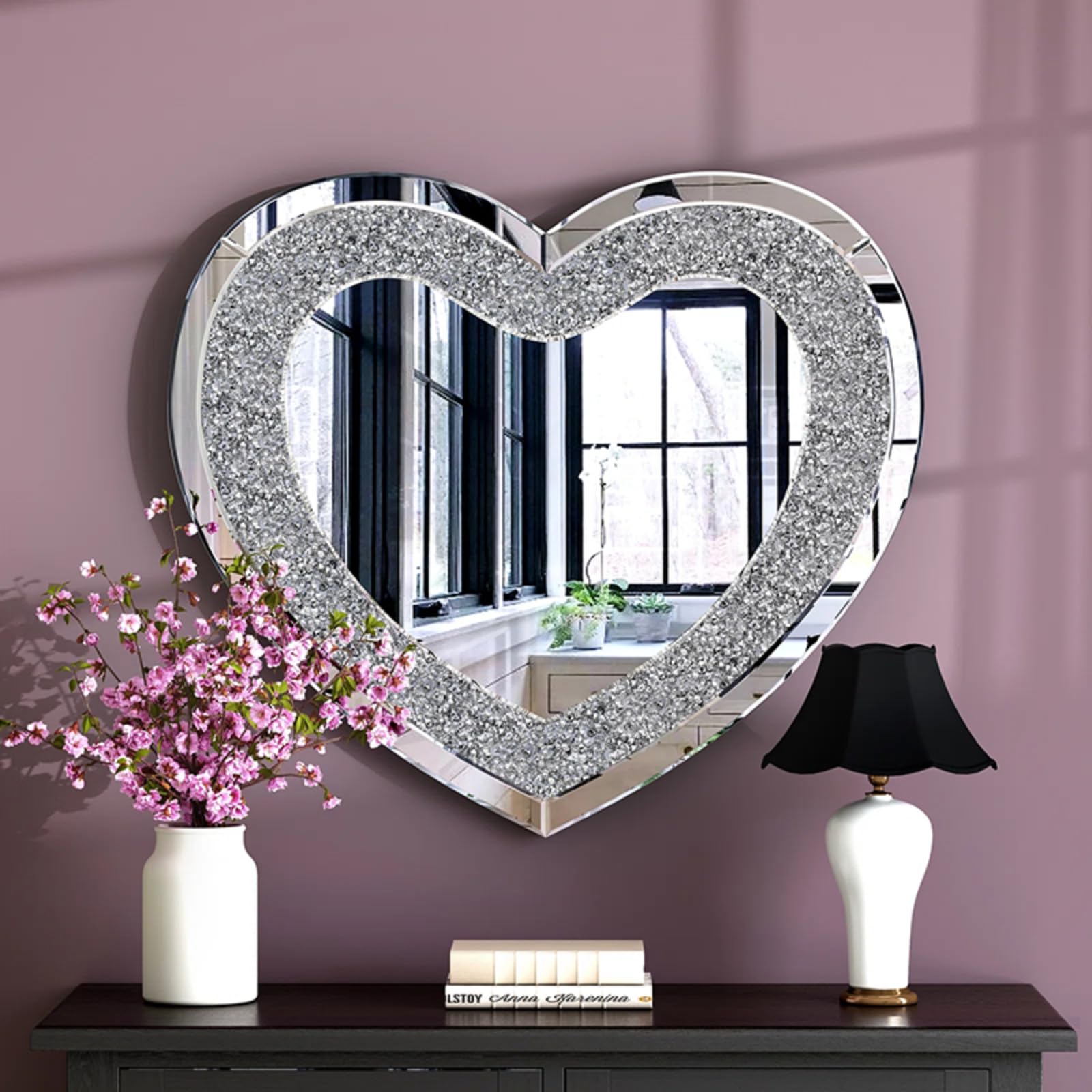 Specchio Espejo de pared con forma de corazón de diamante roto, espejo de baño moderno de lujo para dormitorio, espejo de tocador, espejo decorativo de pared para chimenea de porche, plateado - 6