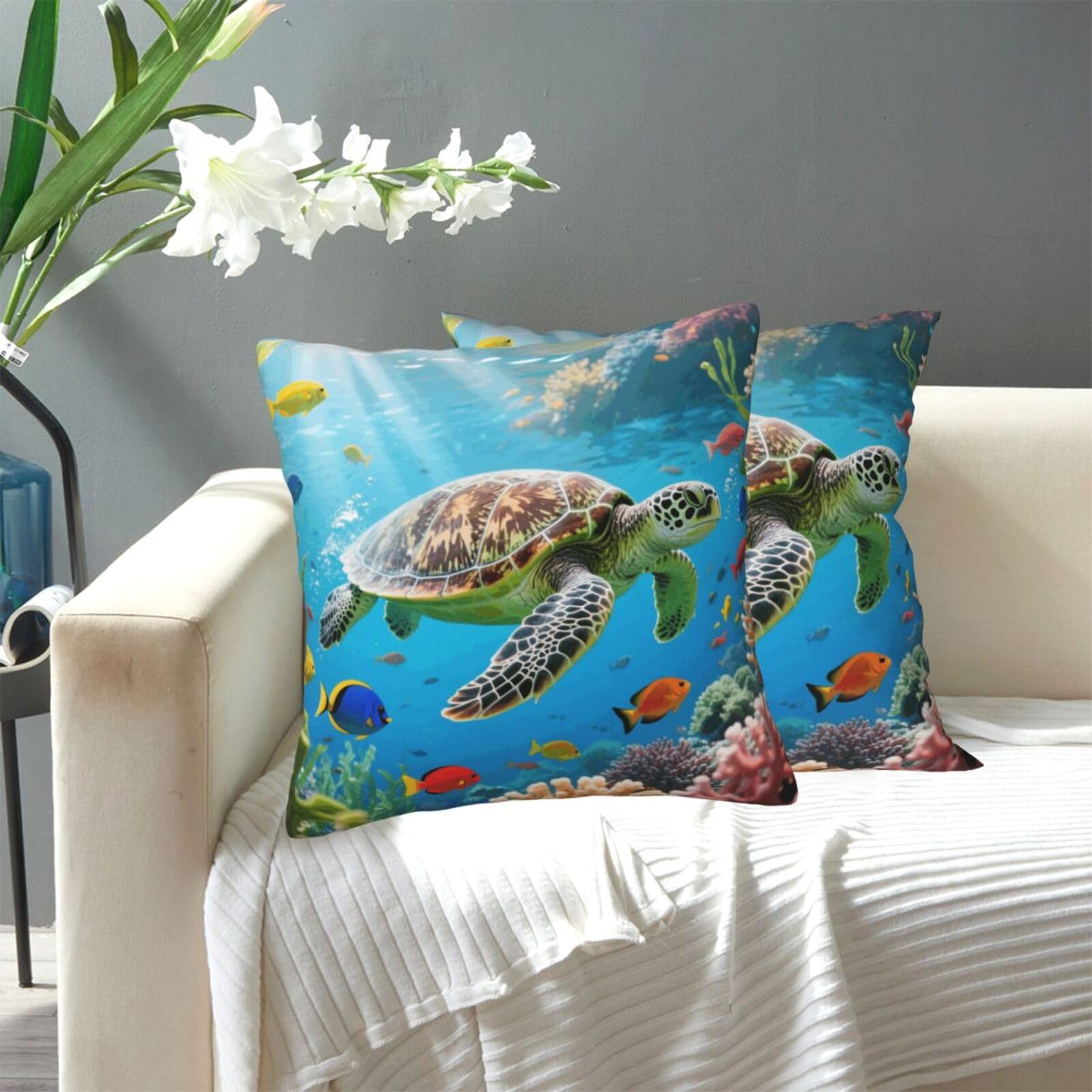FekiLoot Decorative Throw Pillow Covers Modern Farmhouse Pillowcase Double Sided Cozy Cushion Cover for Sofa Couch Bed 20"X20" Sea Turtle Colorful Fish