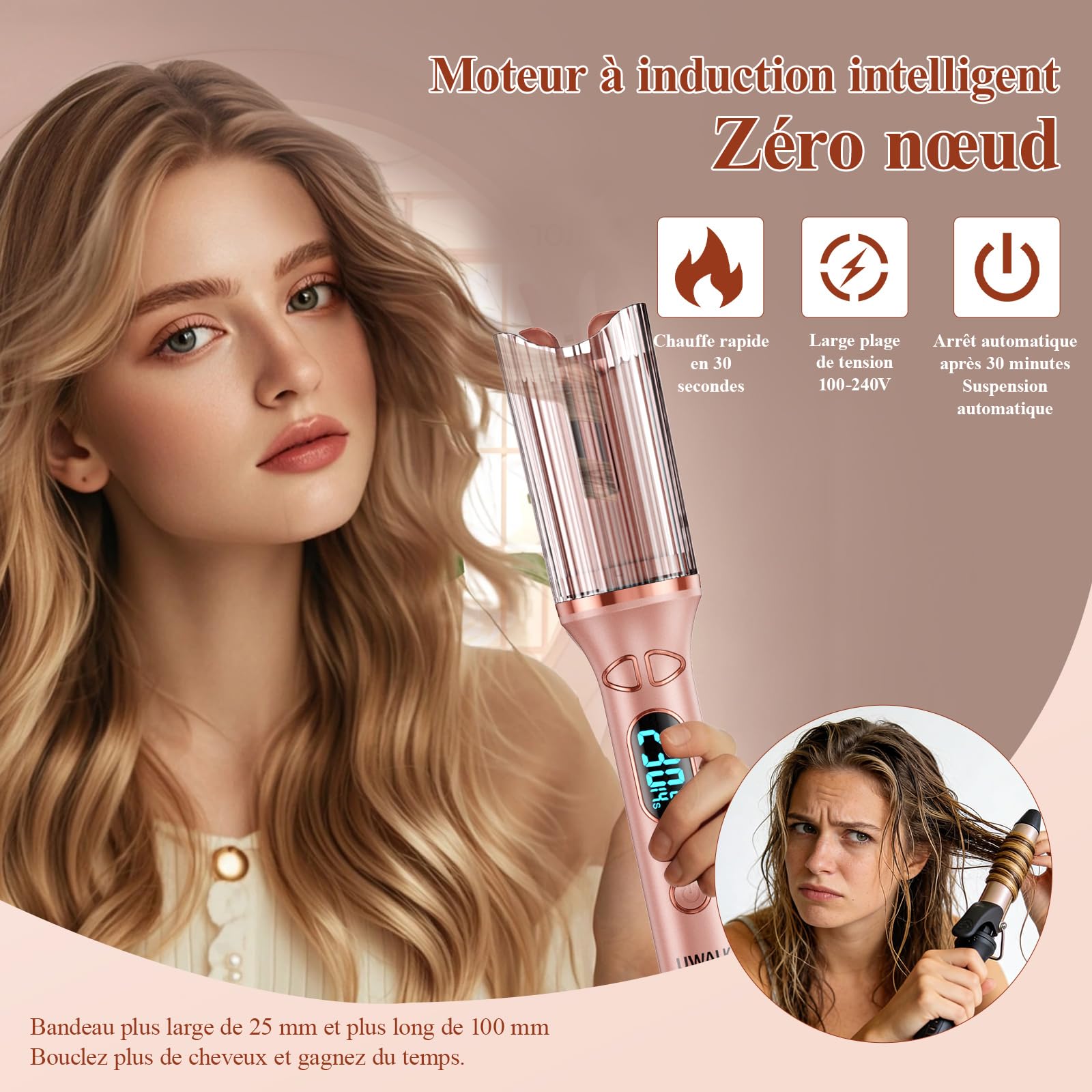 Boucleur a Cheveux Automatique Boucler: 25mm Fer a Boucler Automatique avec 14 Niveaux de Température et 5 Minuteries - Beach Waves Fer à Friser Long Cheveux avec Écran LED, Protection Anti-Brûlure