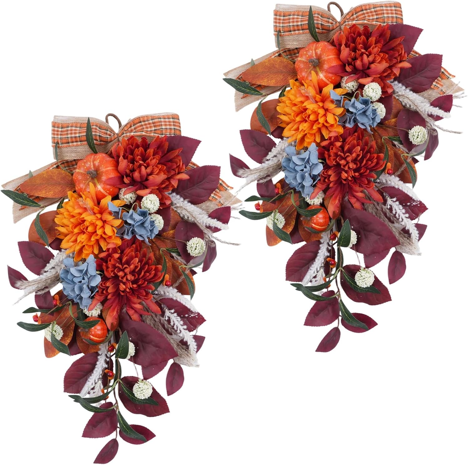 2PCS 24 Inch Fall Swags with Pumpkin Plaid Bow for Door Decor