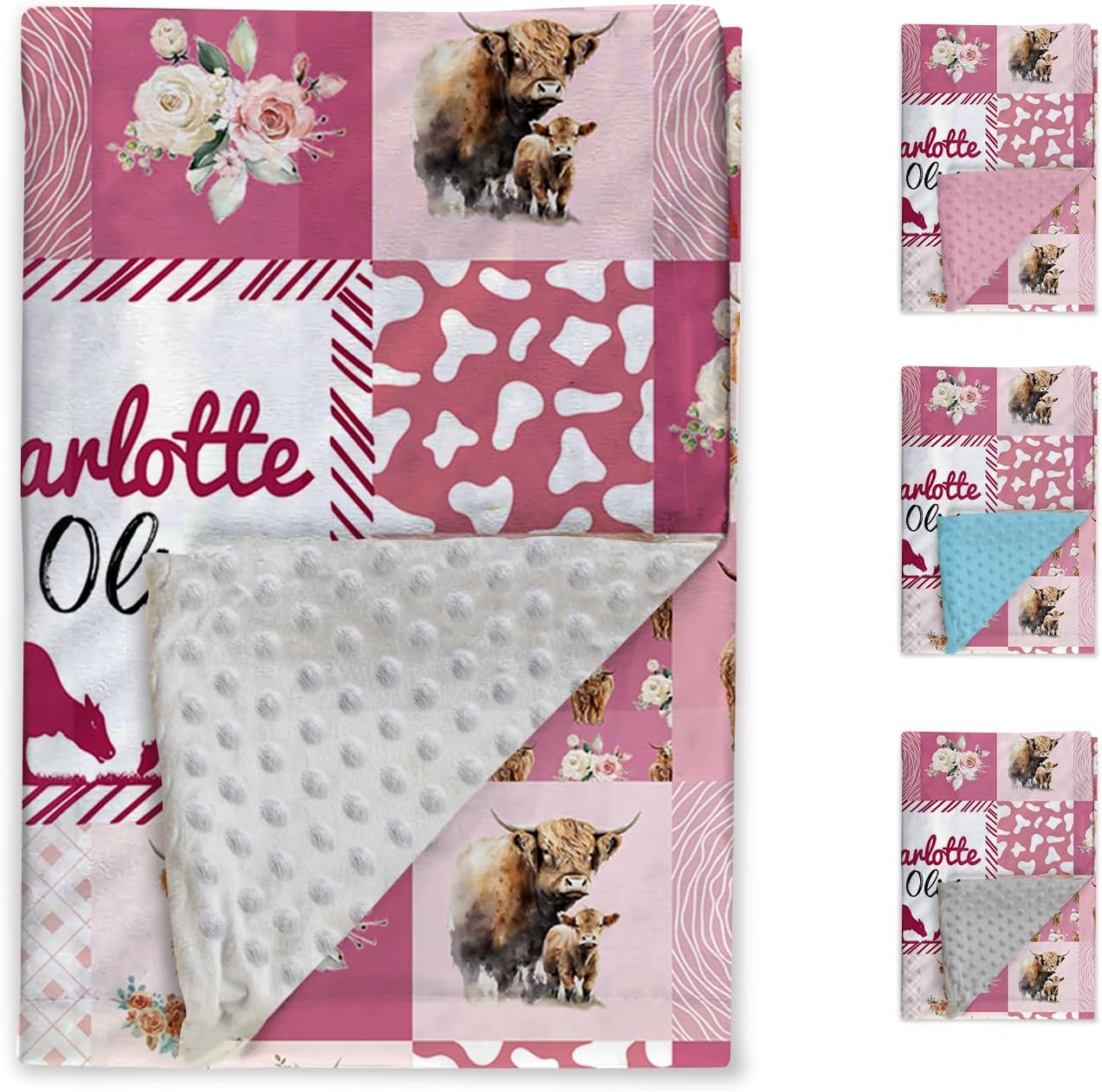 Personalized Baby Blanket - Custom Name with Animals Plaid Design - Patchwork Soft Plush Minky Throw Blanket with Double Layer Dotted Backing for Boys Girls Gifts Color26-Highland Cow