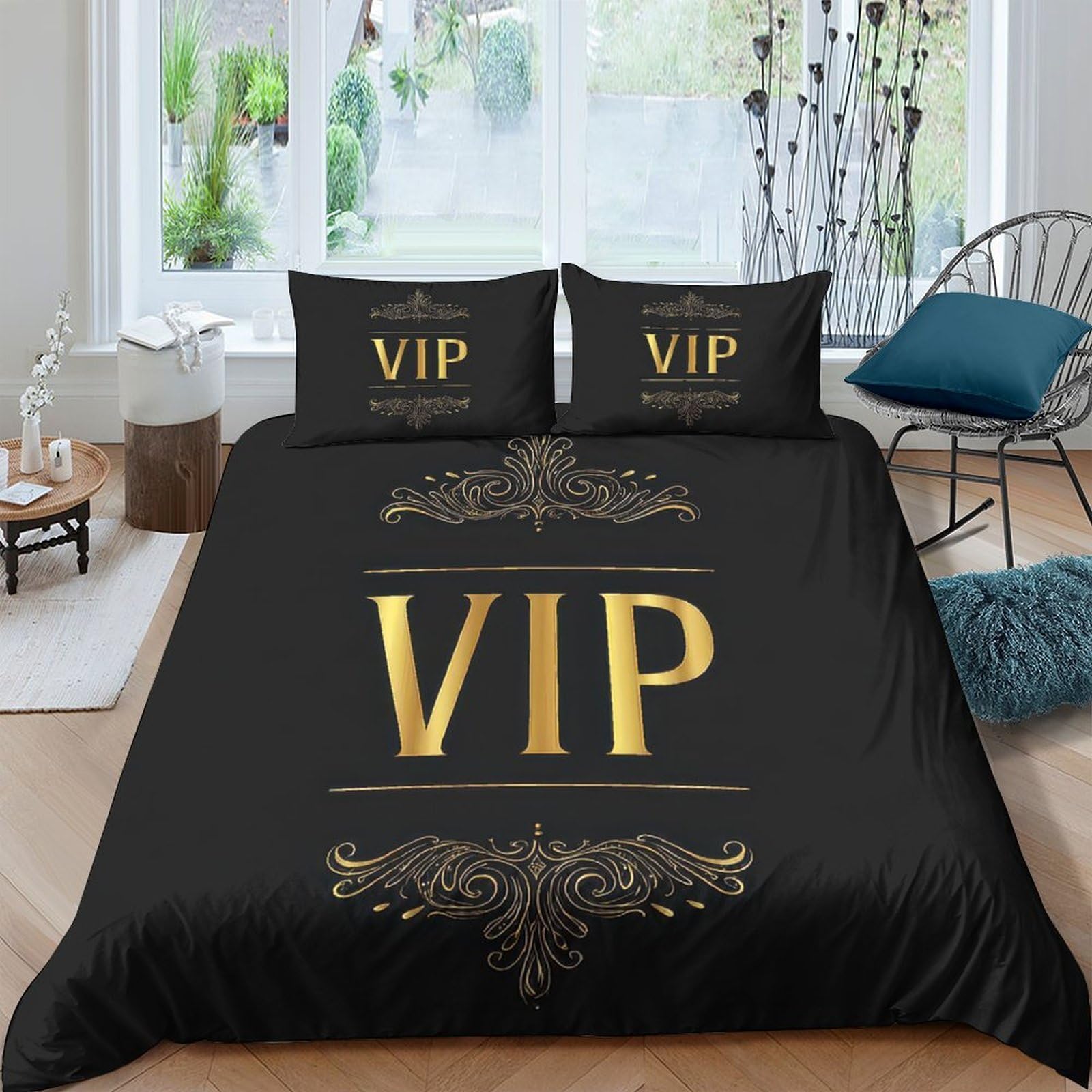 Ctjqhvkz Style-9 3D Printed Black Gold Vip Fitted Sheet Microfiber Soft Breathable Letter Pattern Bed Cover For Bedroom Guest Room Single（135X200cm）