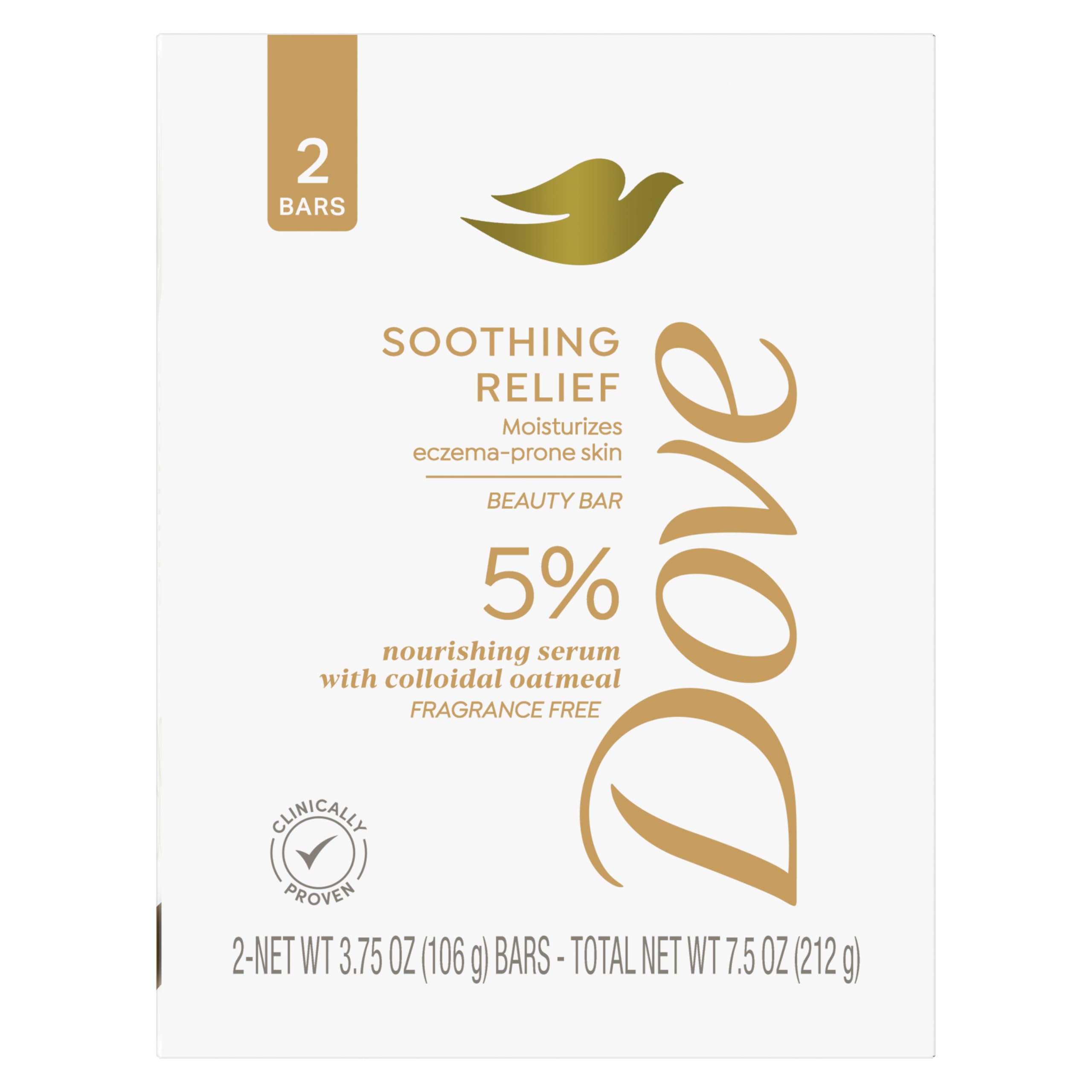 DoveFragrance Free Beauty Bar Soothing Relief 2 ct Moisturizes eczema-prone skin 5% nourishing serum with colloidal oatmeal 3.75 oz