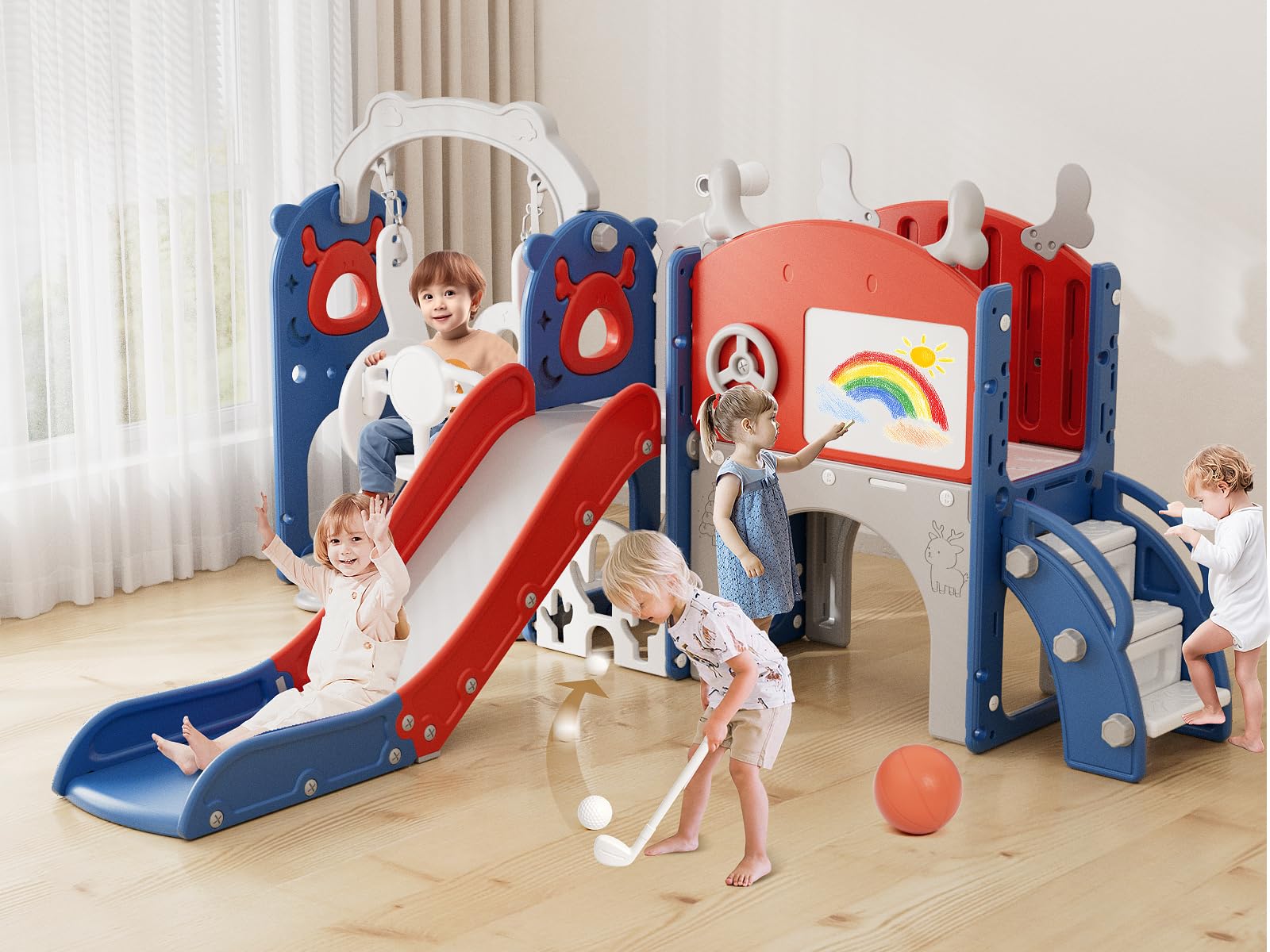 XJD 13-in-1 Toddler Slide and Swing Set, Kids Slide for Toddlers Age 1+, Toddler Outdoor Playset New Upgrade with Golf Set, Basketball Hoop, Drawing Board for Playground (Red Blue)