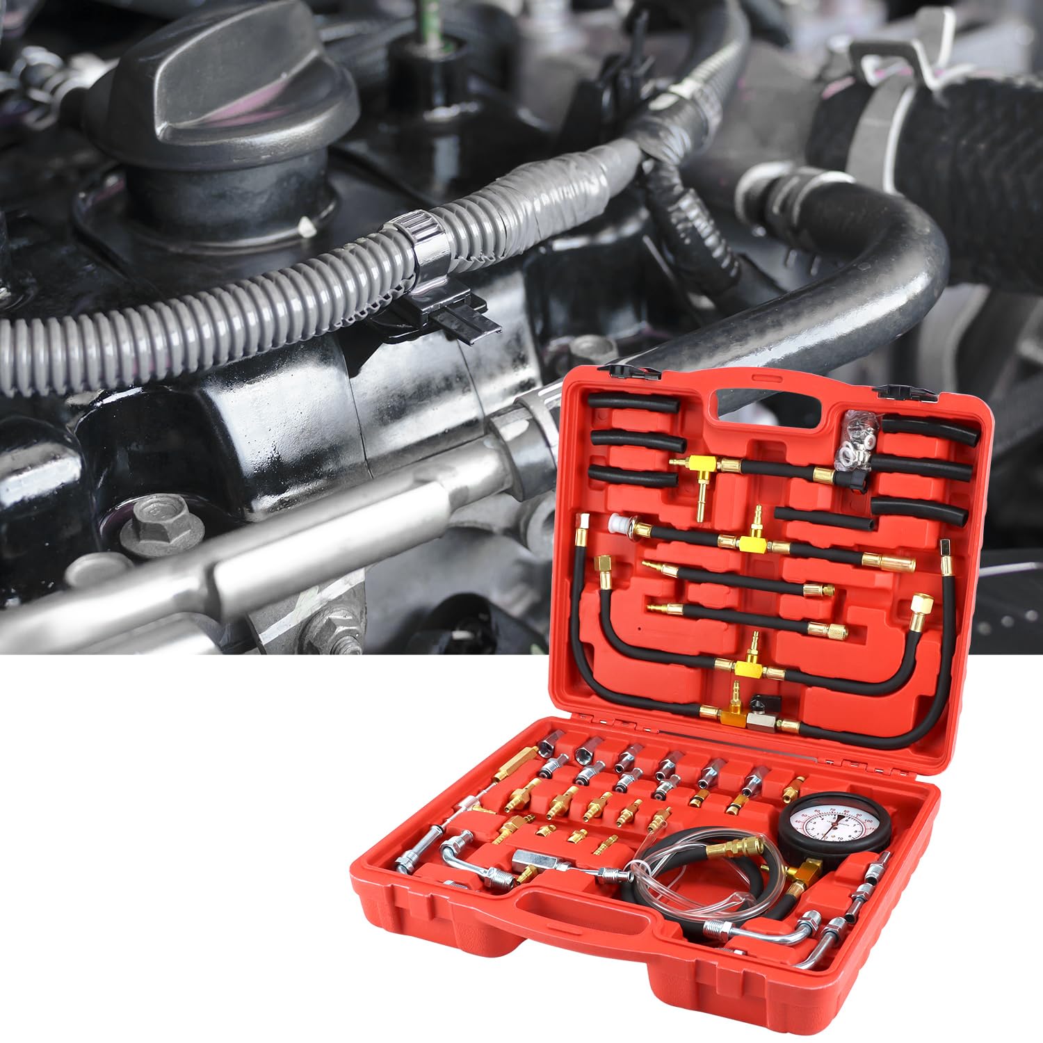 QWORK® Tester di pressione benzina, manometro carburante per sistemi di iniezione, manometro 0-140 PSI / 0-10 bar