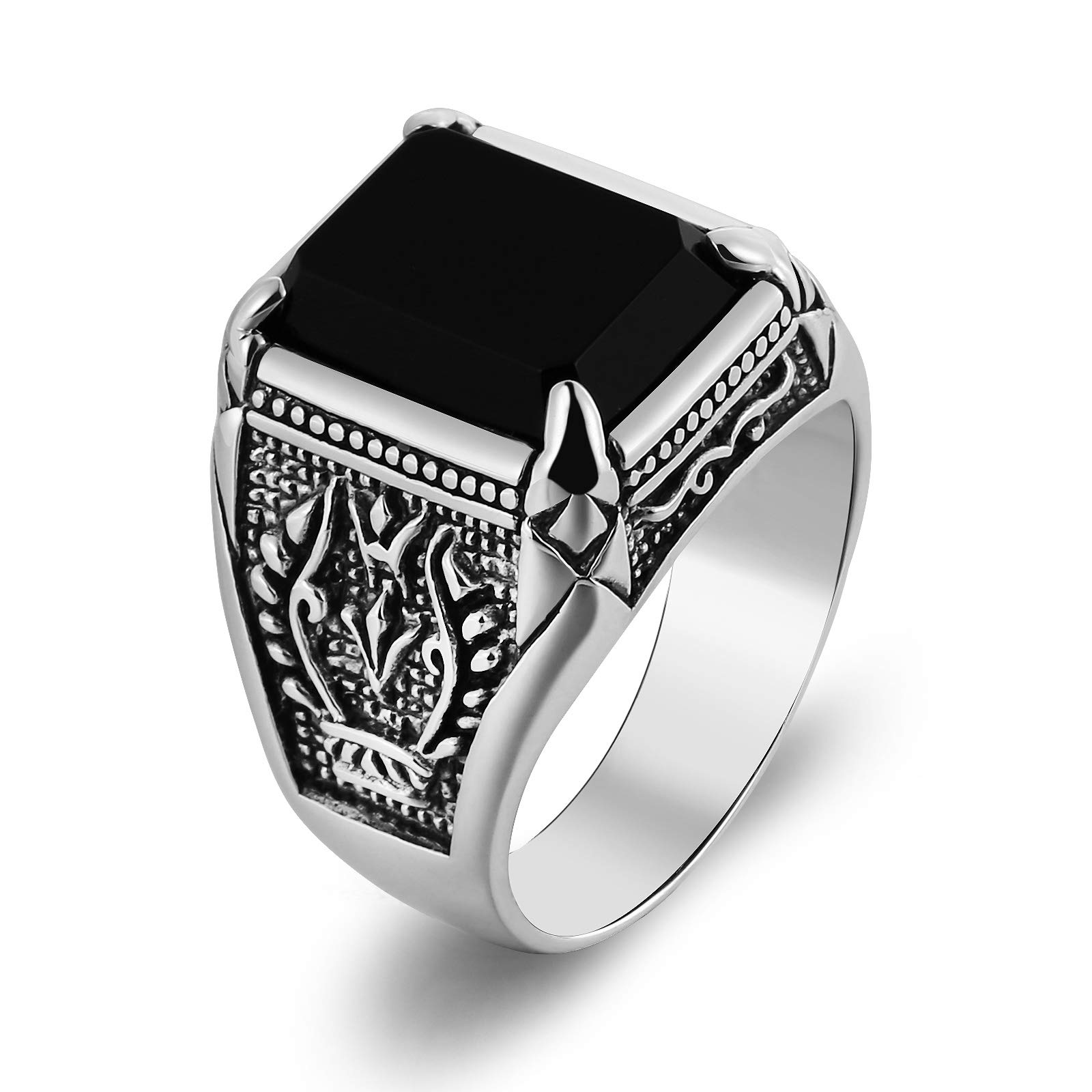 KnSam Anello Agata Nero Argento 925 Anello Intagliato Fantasia Uomo, Argento sterling