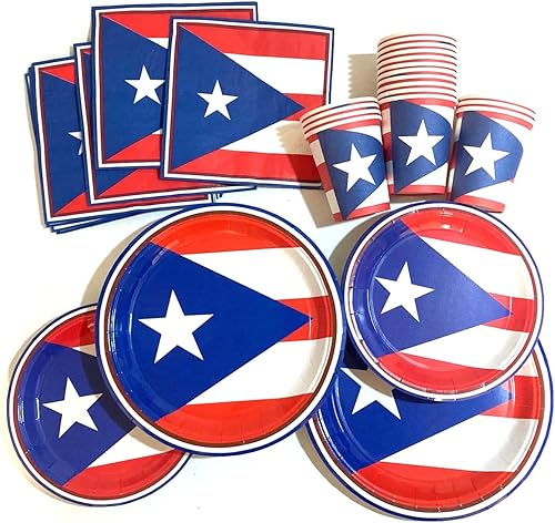 Miniatura 8 de Juego de suministros para fiestas con la bandera de Puerto Rico, platos boricua, servilletas puertorriqueñas, vasos, vajilla desechable, 72 piezas,