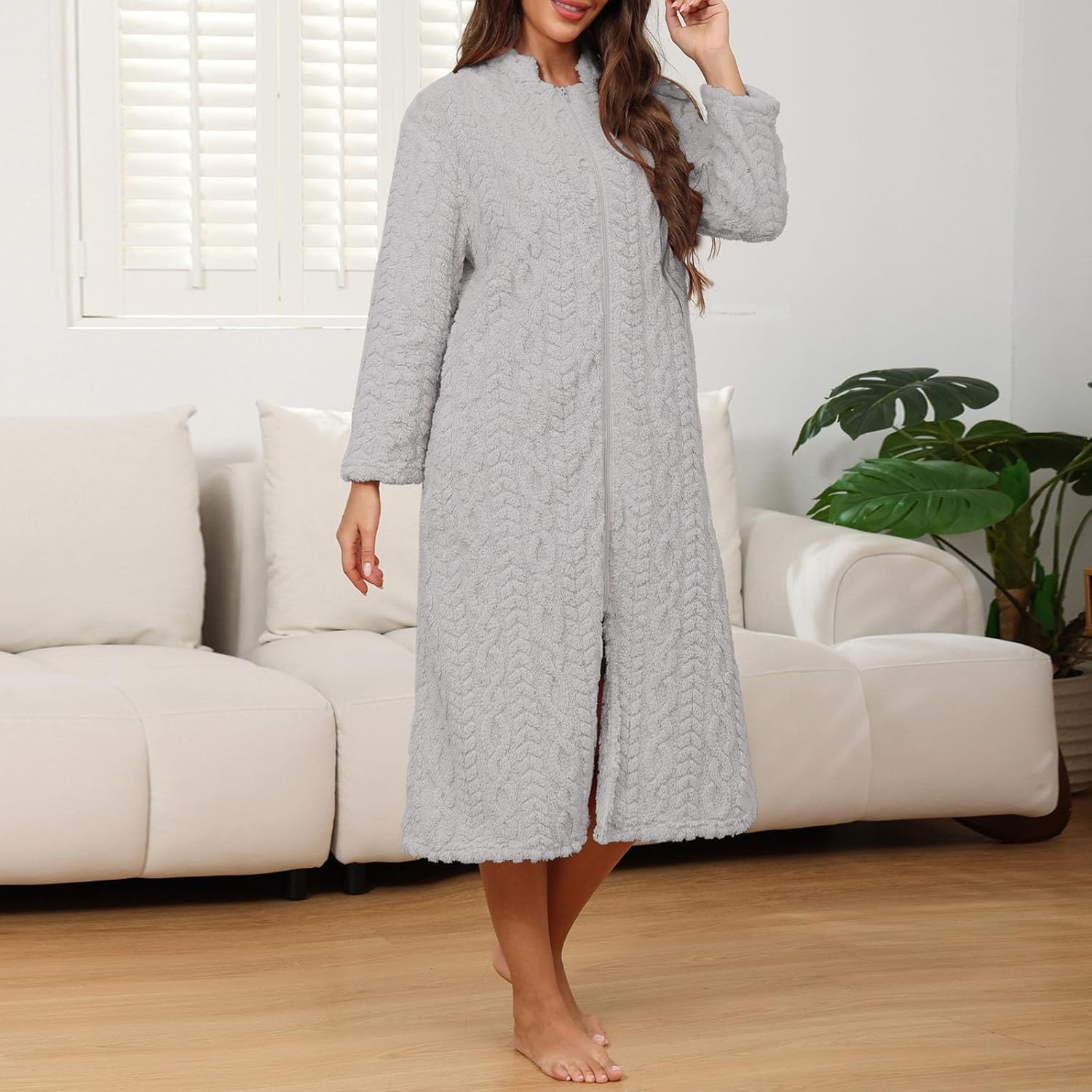 Oplxuo Women Zipper Robe Fleece Long Sleeves Bathrobe Nightgown Warm Soft Housecoat with Pockets Zip Up House Dresses