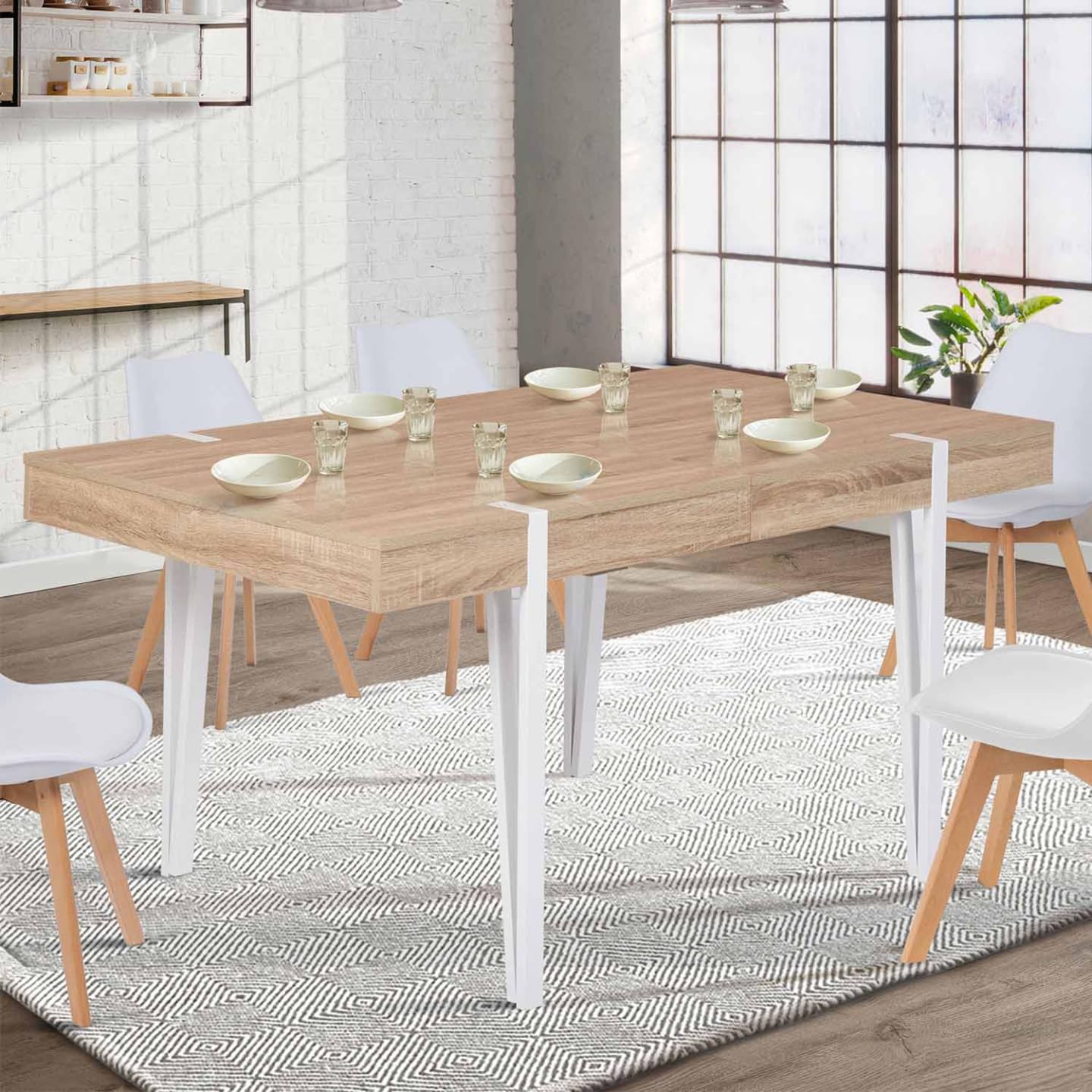 IDMarket - AUSTRIA Tavolo da pranzo rettangolare allungabile per 6-10 persone con gambe a spillo bianche 160-200 cm