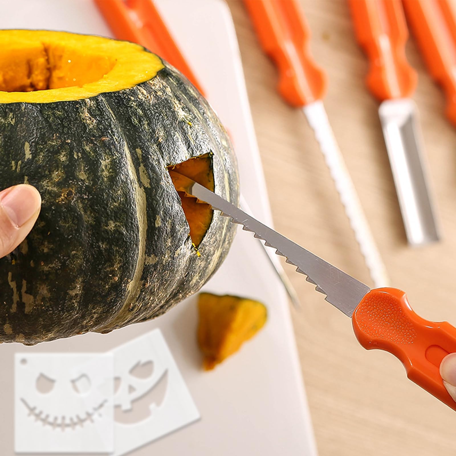 GWAWG 7 sztuk zestaw do wycinania dyni z 24 szablonami, zestaw do drążenia dyni, na dekoracje Halloween dla dzieci i rodziny