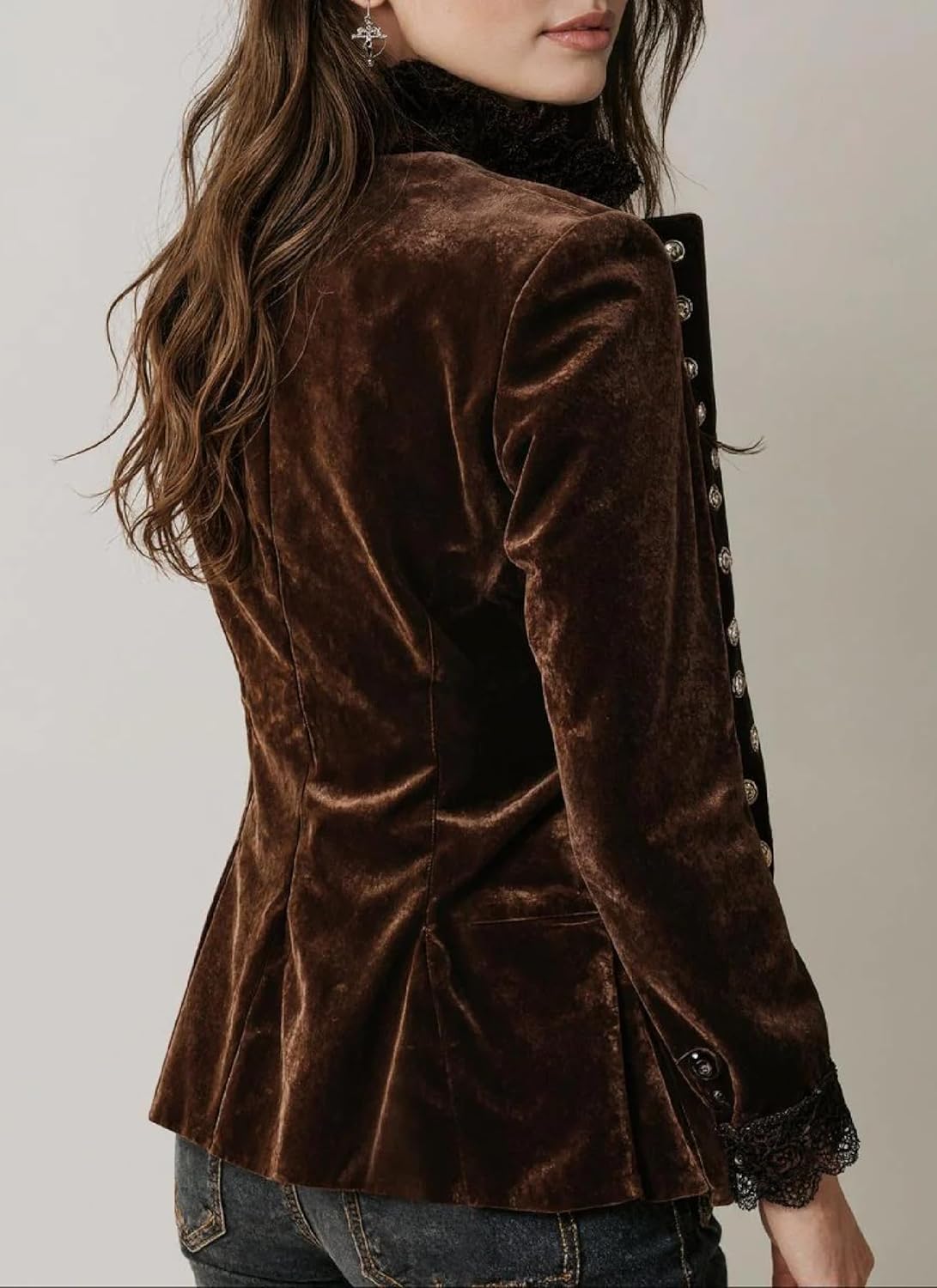 Women's Brown Velvet Double Breasted Blazer Fall 2025 Lace Stand Collar with Long Sleeve Loose Everyday Jacket