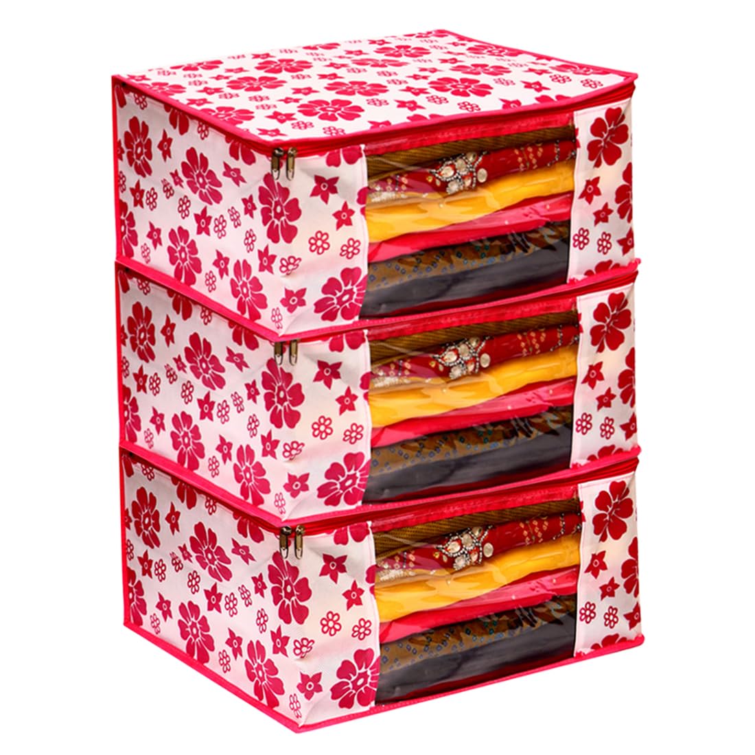 AMAK INC Saree Cover, Zipper Closure Saree Storage Bag, Saree Organizer for Wardrobe with Transparent Window, Clothes Storage Bags for Lehenga, Floral-Polka Design, Pink, Pack of 3