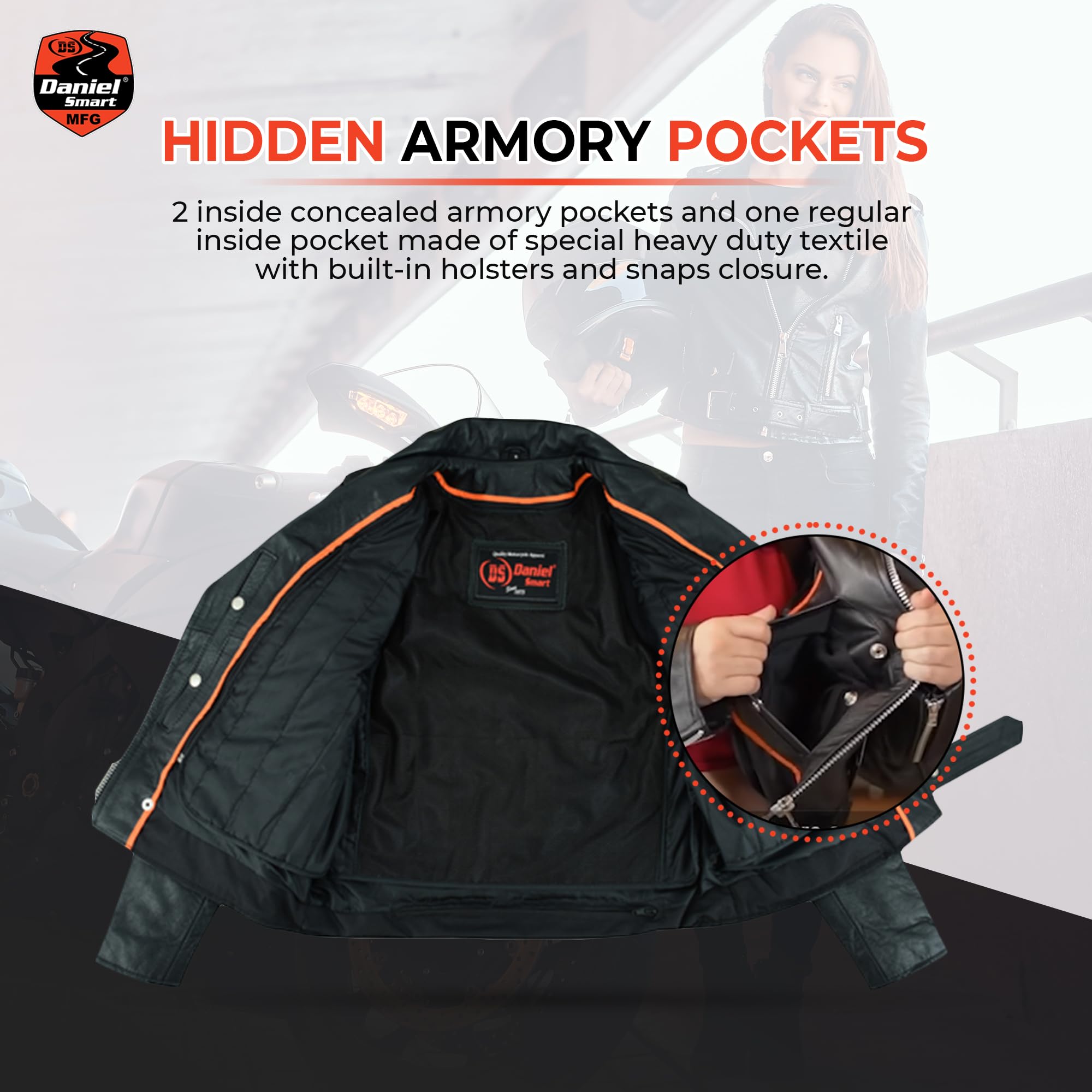 Daniel Smart Womens Motorcycle Jacket Real Cowhide Leather Bikers Jacket with Side Laces Zip-out Liner — view 5