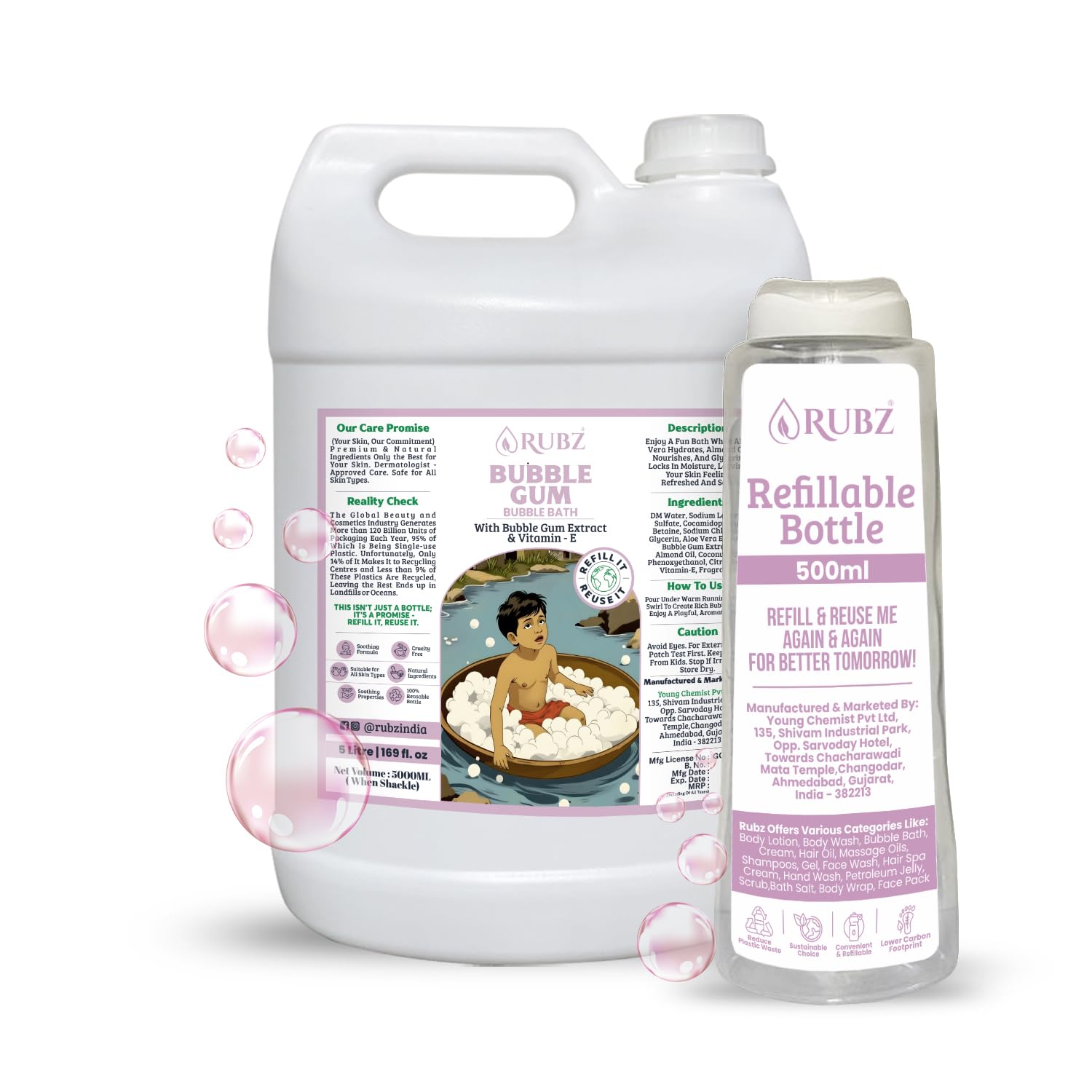 Rubz Bubble Gum Bubble Bath For Bath Tub | Infused With Bubble Gum Extract & Vitamin-E | SLS & Paraben Free | Safe For Kids & Adults | 5 Litre With 500ml Refillable Bottle-image-18