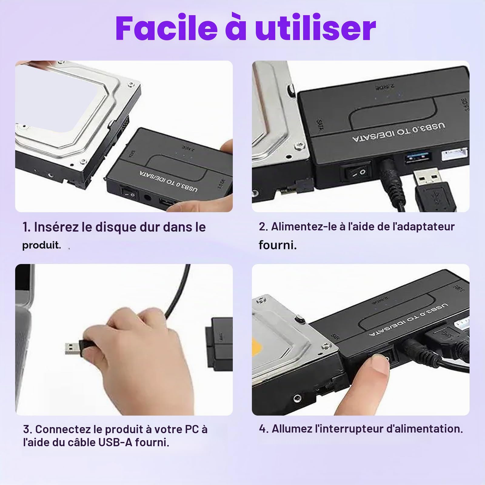 5Gbps IDE Adaptateur Disque Dur USB 3.0 pour 2.5"/ 3.5" HDD/SSD, Convertisseur SATA et IDEAdaptateur de Disque Dur IDE/SATA pour Windows avec Câble USB/Alimentation 12V 2A/SATACâble