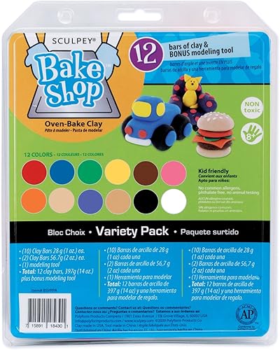 Polyform Sculpey Bake Shop - Arcilla de horno de polímero para hornear, juego de 12 colores únicos para niños, una herramienta de modelado de