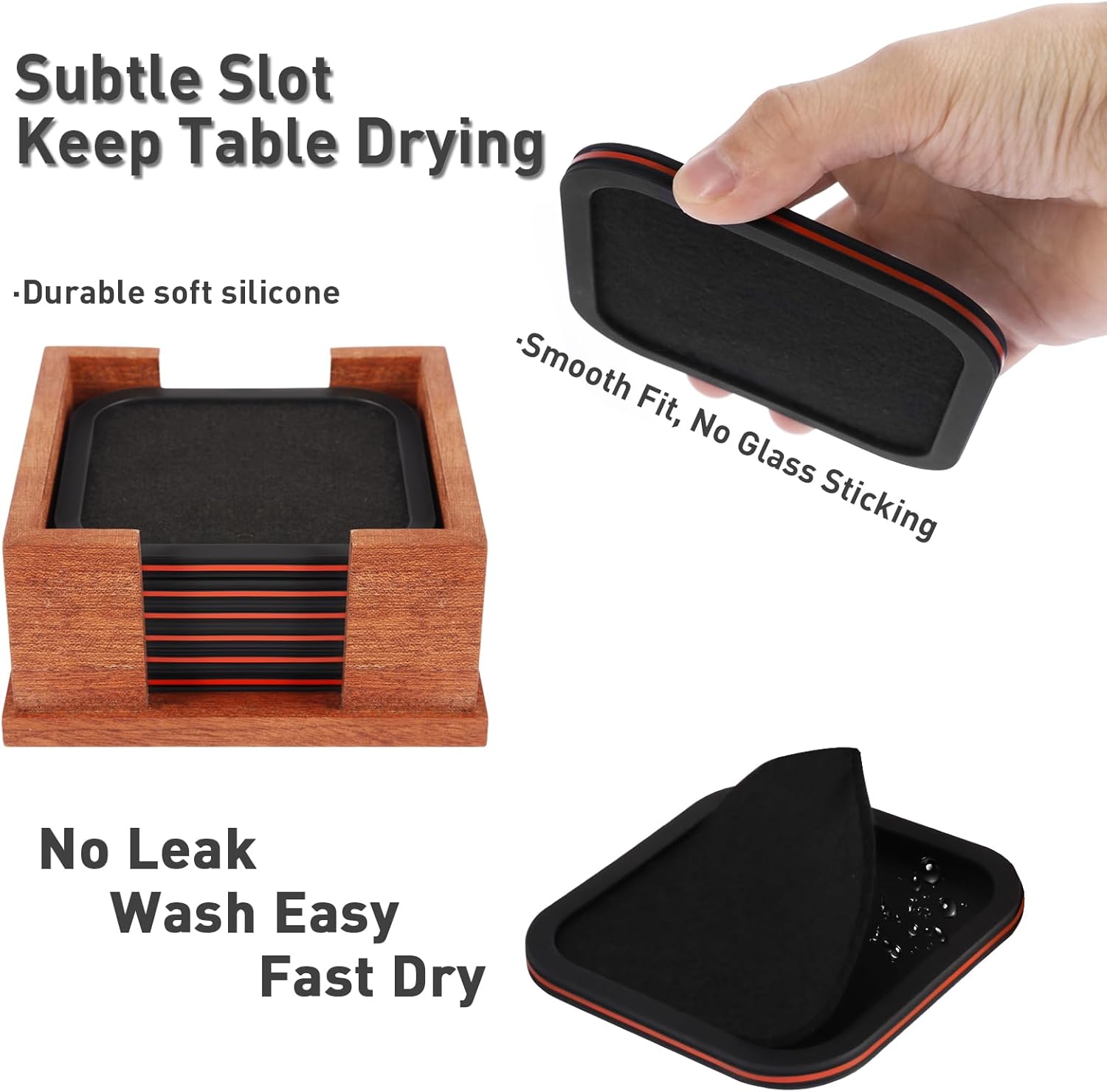 Lexenic Sleek Absorbent Coasters for Drinks with Solid Acacia Wood Holder, Silicone Cup Mat with Removable Felt Insert, Non-Slip, Non-Stick, Gift for Coffee Table Kitchen Decor, 6PCS (Black Red)