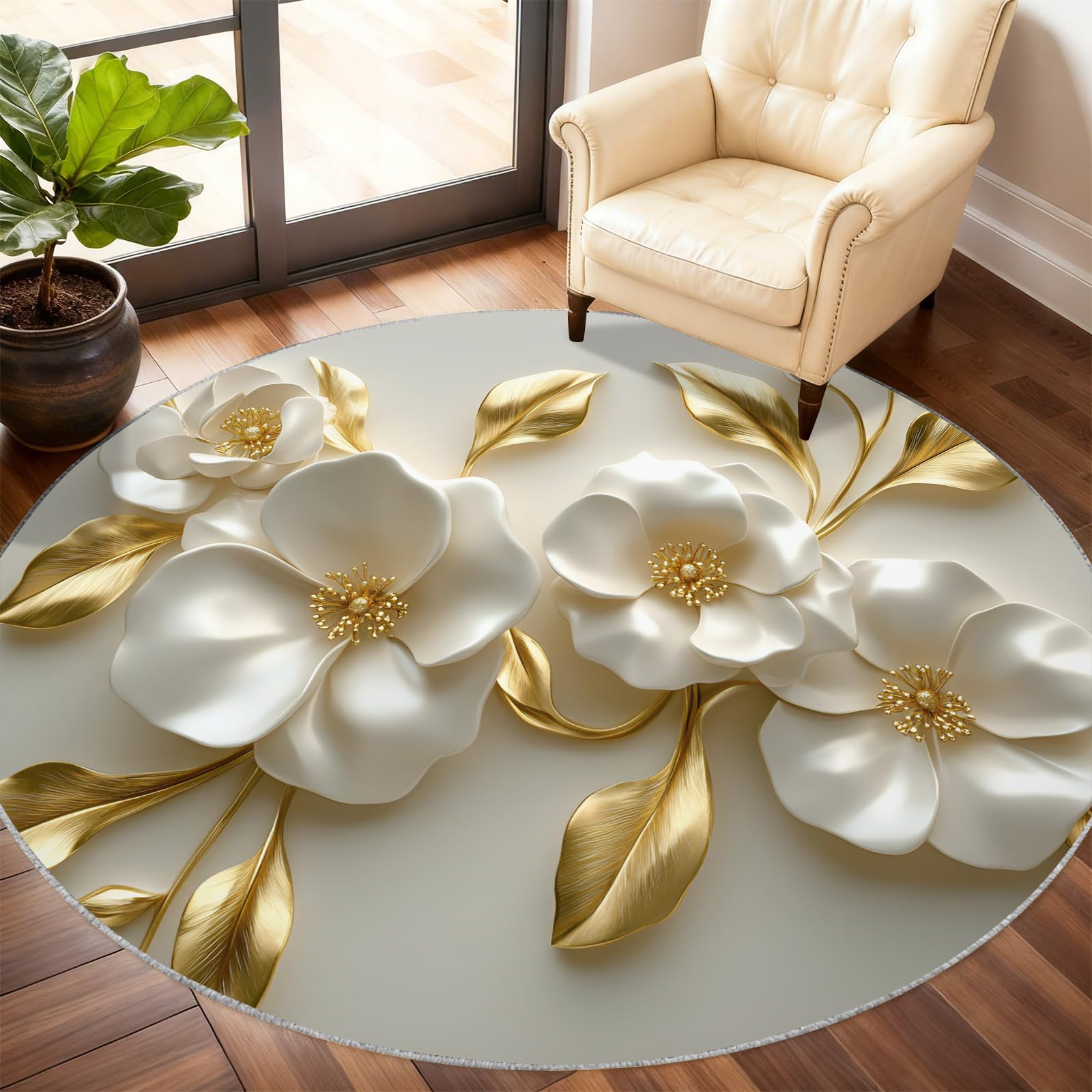 Tapis rond 3D à motif floral blanc doré 90 cm