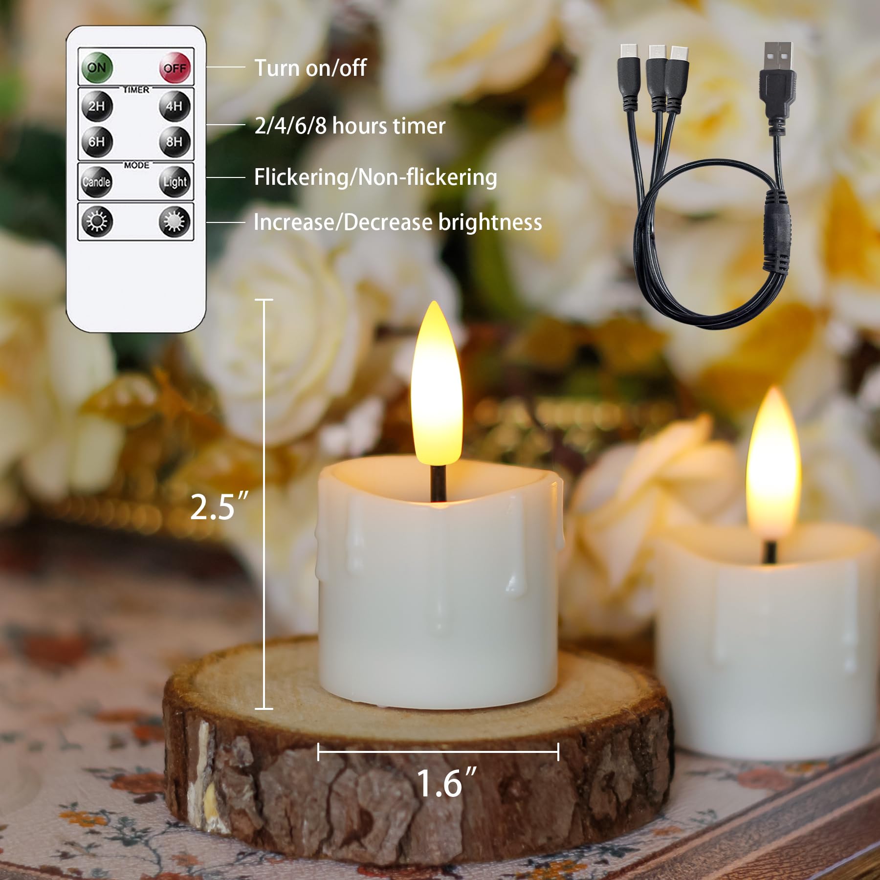 Yeelida Rechargeable Flameless 4cm x6.5cm Tea Light LED Candles with Remote & Type-C Charging Cable - Image 3