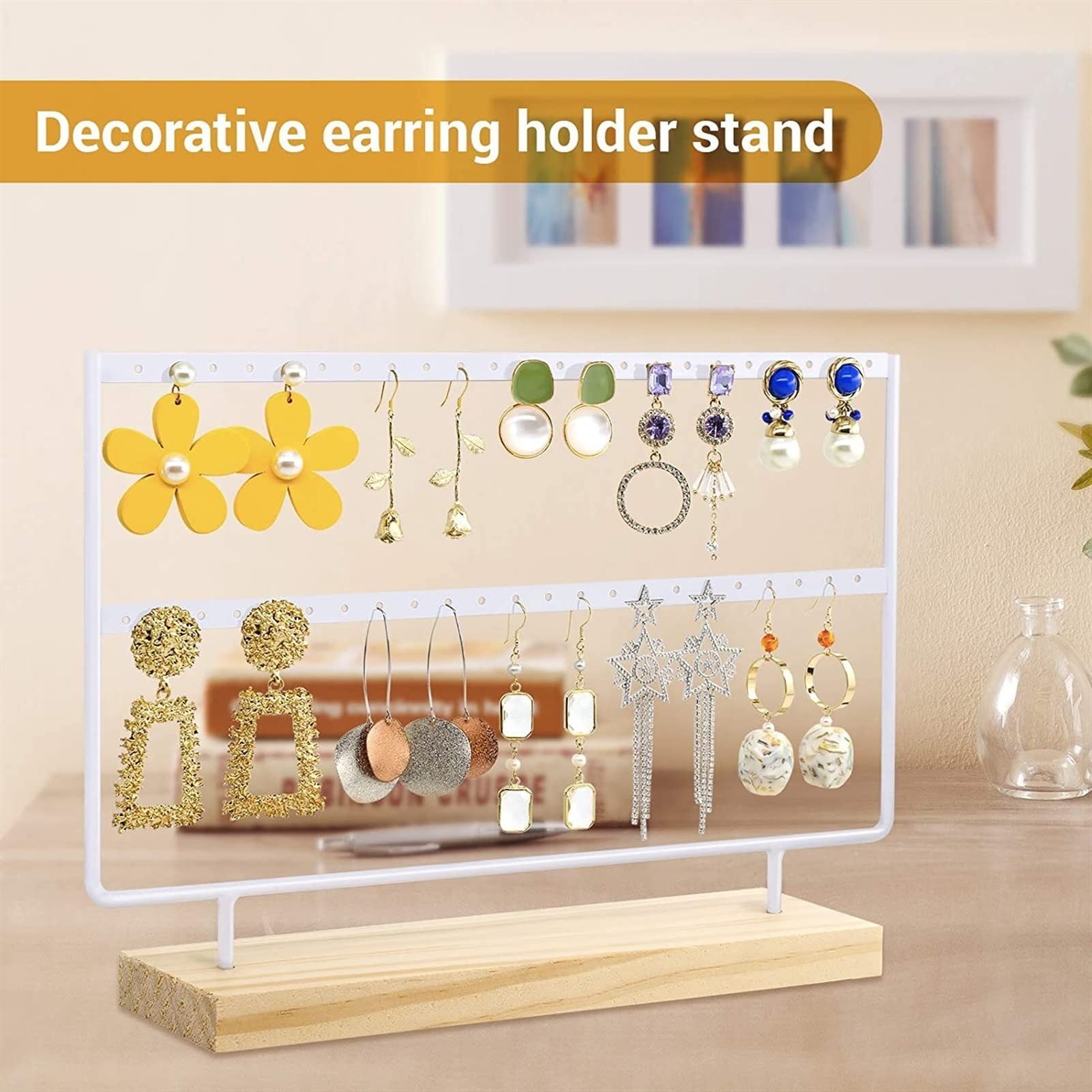 Présentoir à Bijoux Boucles d'oreilles Titulaire de 2 Couches Bijoux Bijoux Stud Organisateur Affichage Boucles d'oreilles Boucles d'oreilles Arbre Crochet en Fer en métal avec Base en Bois (Noir/BL