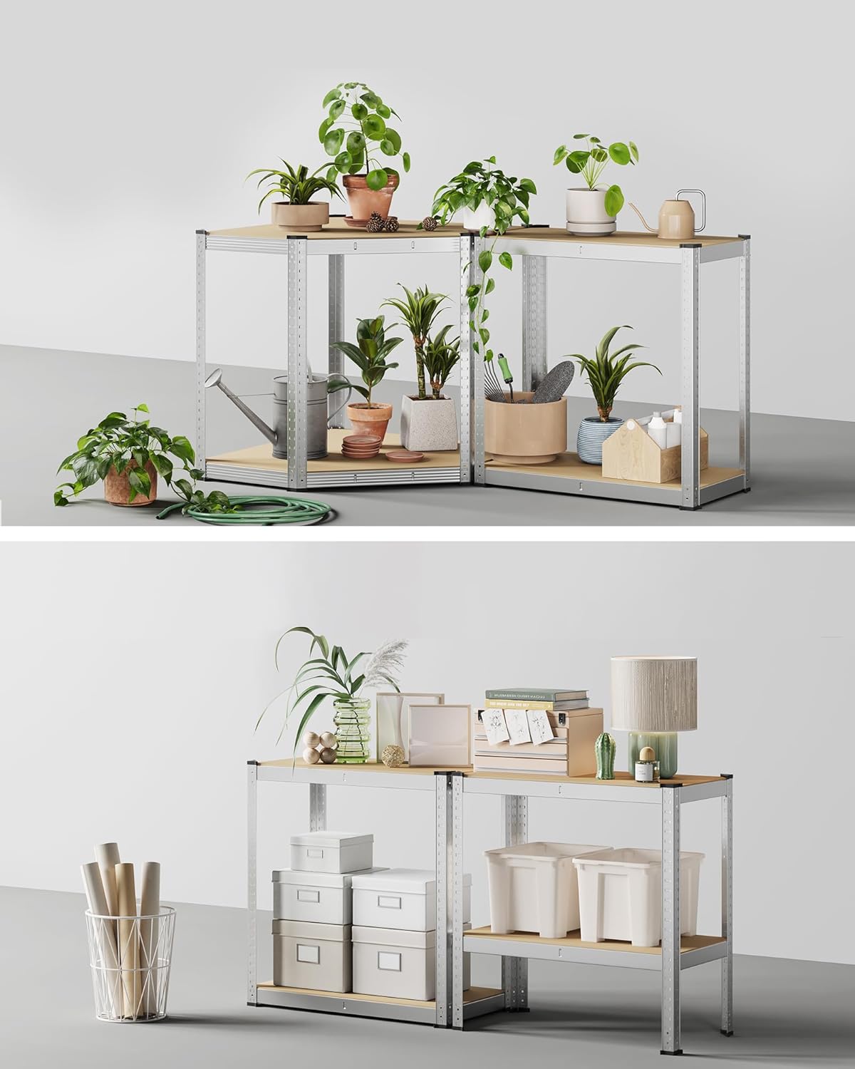 SONGMICS shelving unit configured as two separate workbenches