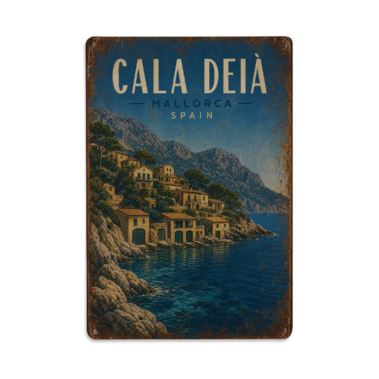 Fyrn Style Metal Tin Sign Vintage Travel Cala Deia Mallorca Rocky Cove Village View