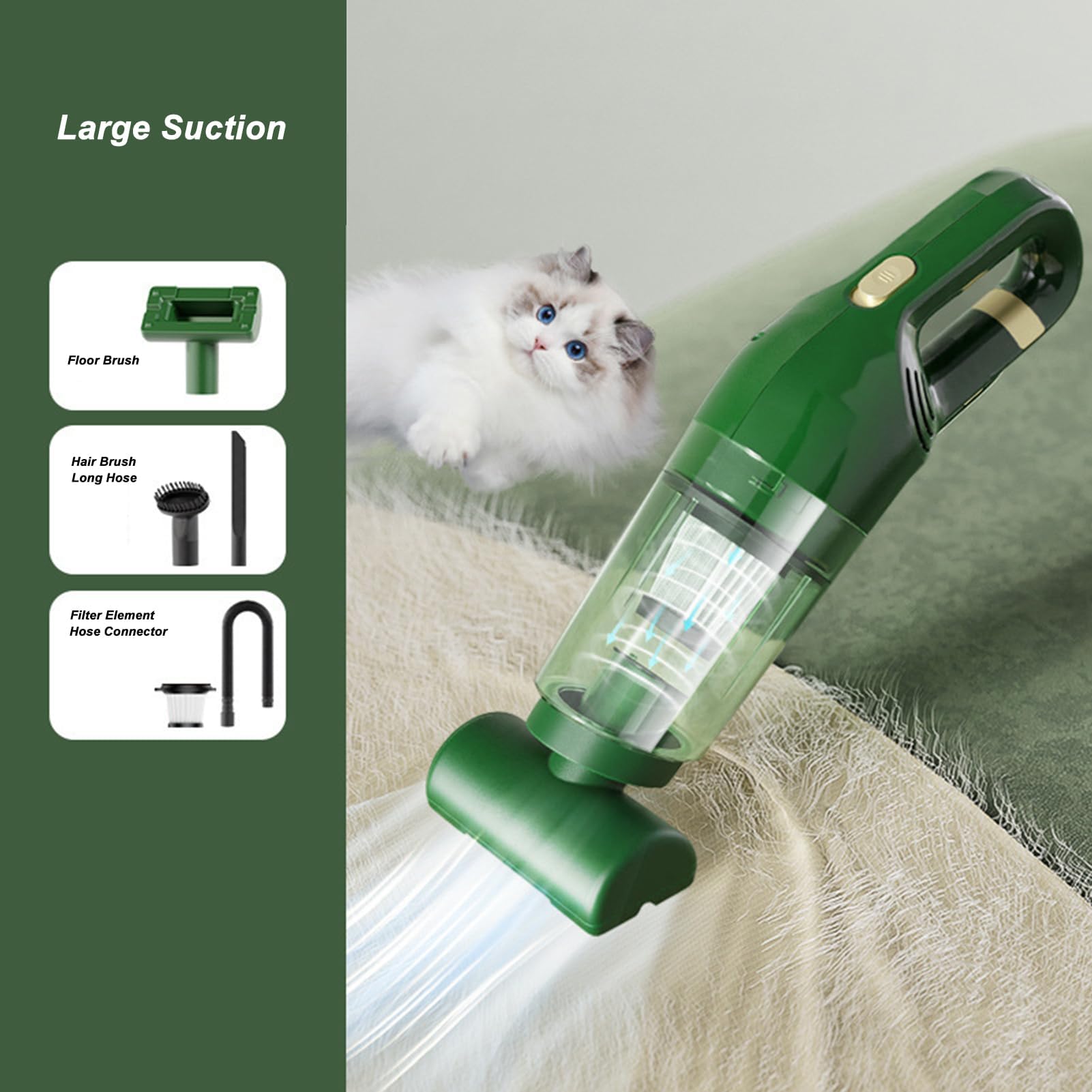 Aspiradora De Pelo De Mascotas Para Sofá, 4000 MAh Succión Grande Aspirador Mascotas Aspiradora De Mano De Bajo Ruido Aspirador De Mano Para Pelo De Mascota Mini Aspirador De Coche Para Familia(Verde)