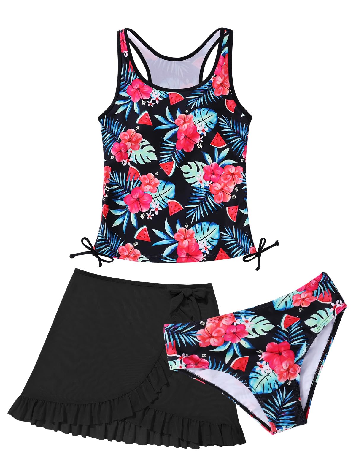 ESHOO Girls Swimsuit 3 Piece Tankini Suit Quick Dry Bathing Set with Cover Up Beach Skirt Kids Swimwear for 7-14 Years Black-Floral