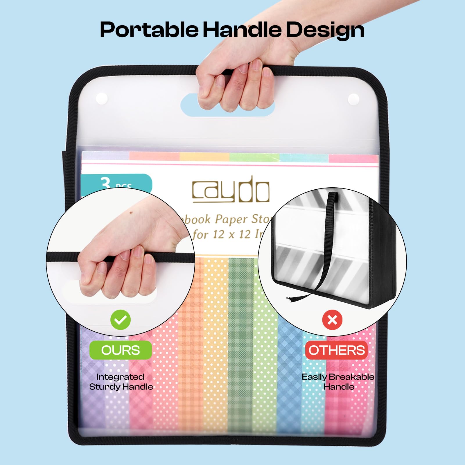 Caydo Scrapbook Paper Organizer, 3 Pack Black Expanding Paper Folio with Handle, Clear Portable Paper Storage for Holding 12 x 12 Inch Scrapbook, Vinyl