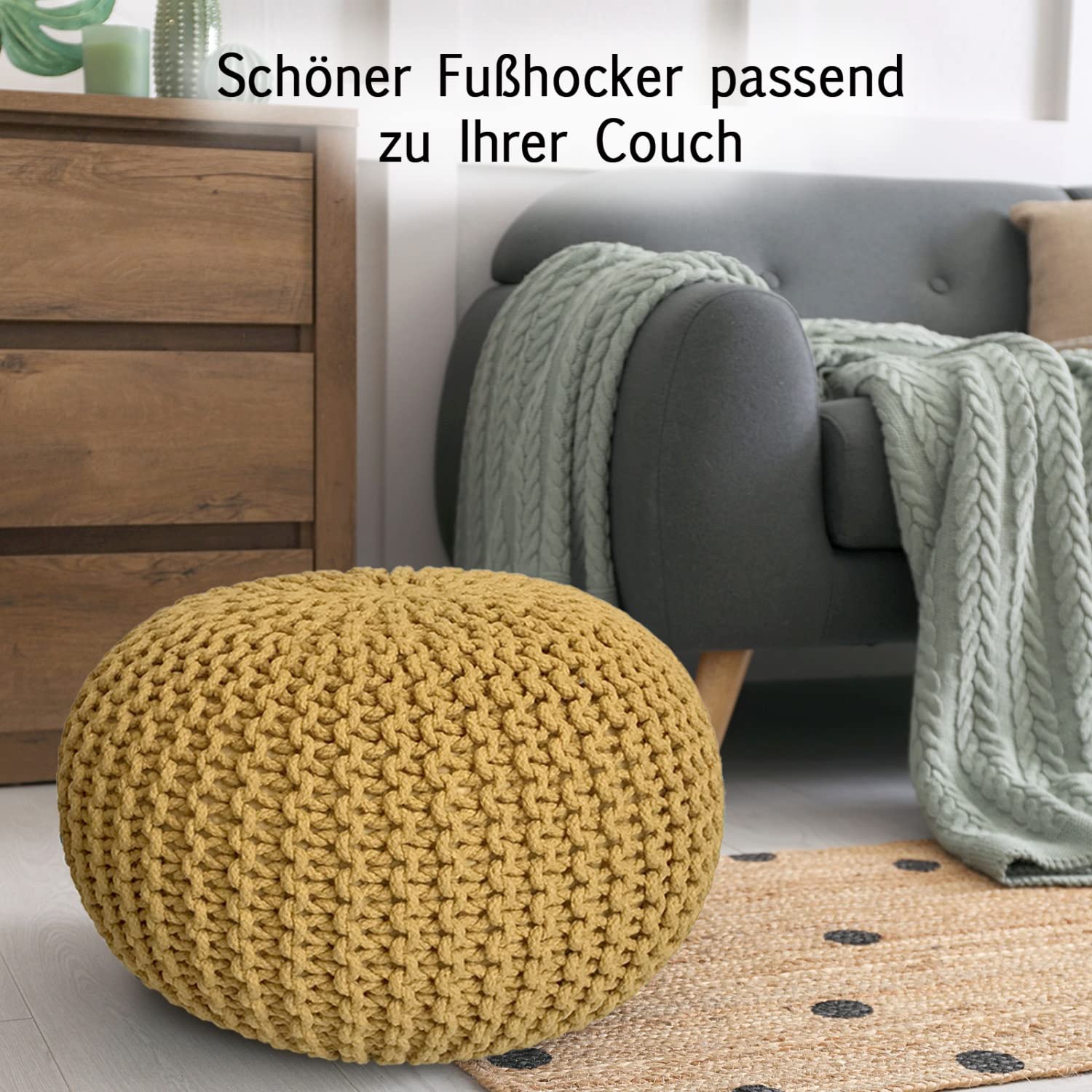 Casamia Pouf Ø 55 Pouf a maglia, 45 cm, per interni, diametro 55 cm, colore giallo