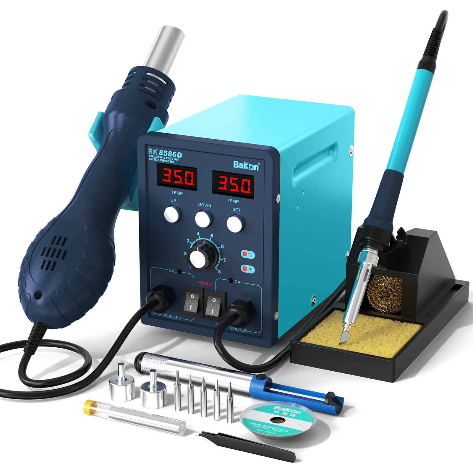 BK8586D Soldering Station 2-In-1 SMD Hot Air Rework Station,Solder Iron Station Kit for Electronics, 5 Soldering Tips, 2 Hot Air Nozzles,Tweezers,