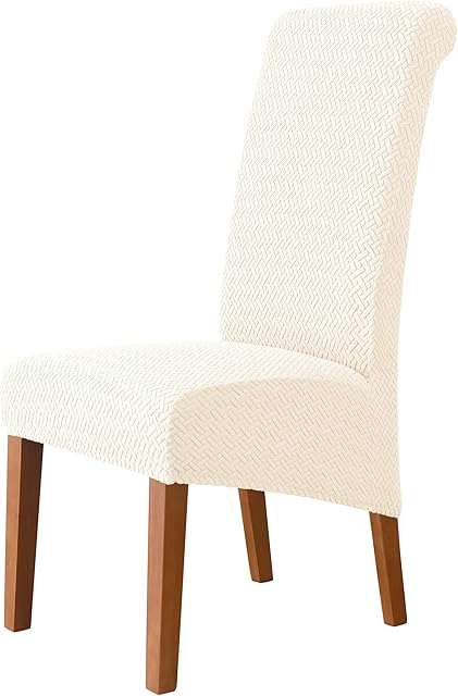 MILARAN Large Chair Covers for Dining Room, Geometric Jacquard Slipcover for Large Dining Chair, Soft Stretch Washable Removable Parsons Chair Protector,Set of 2,Cream