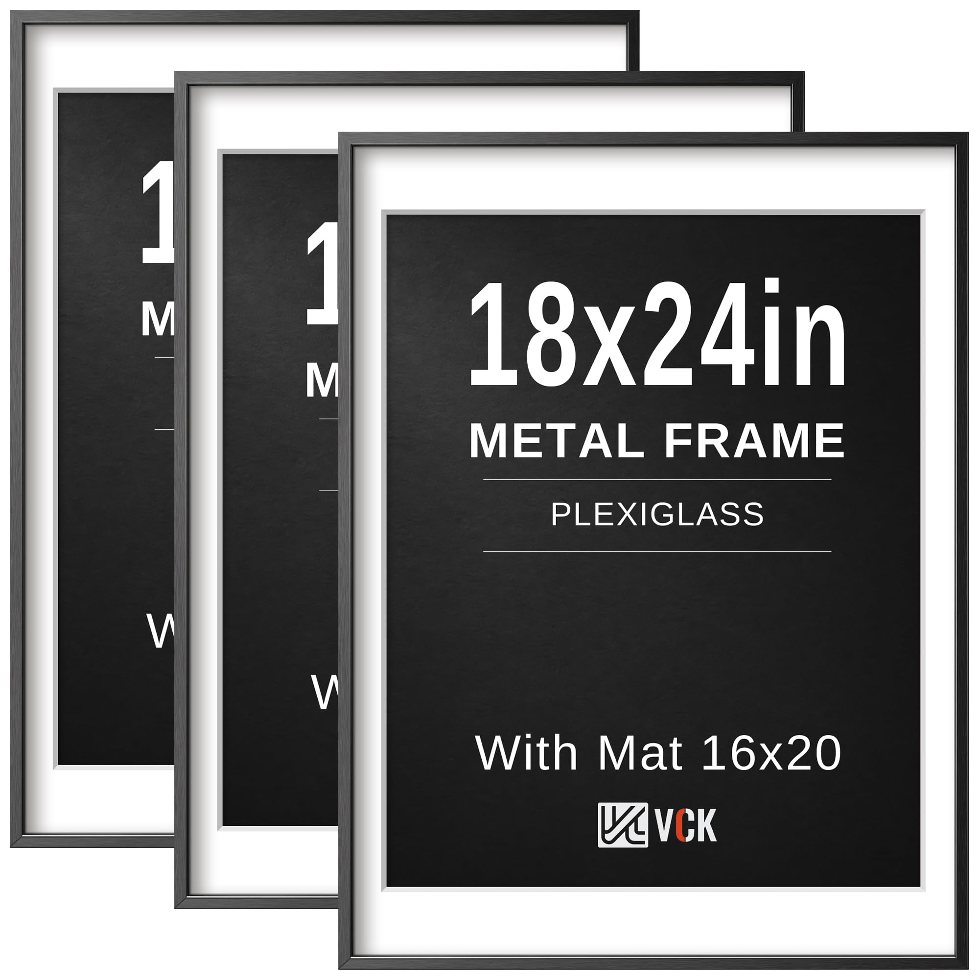 VCK 18x24 Frame, Black Metal - Matted to 16x20, 3 Pack, for Artwork/Poster