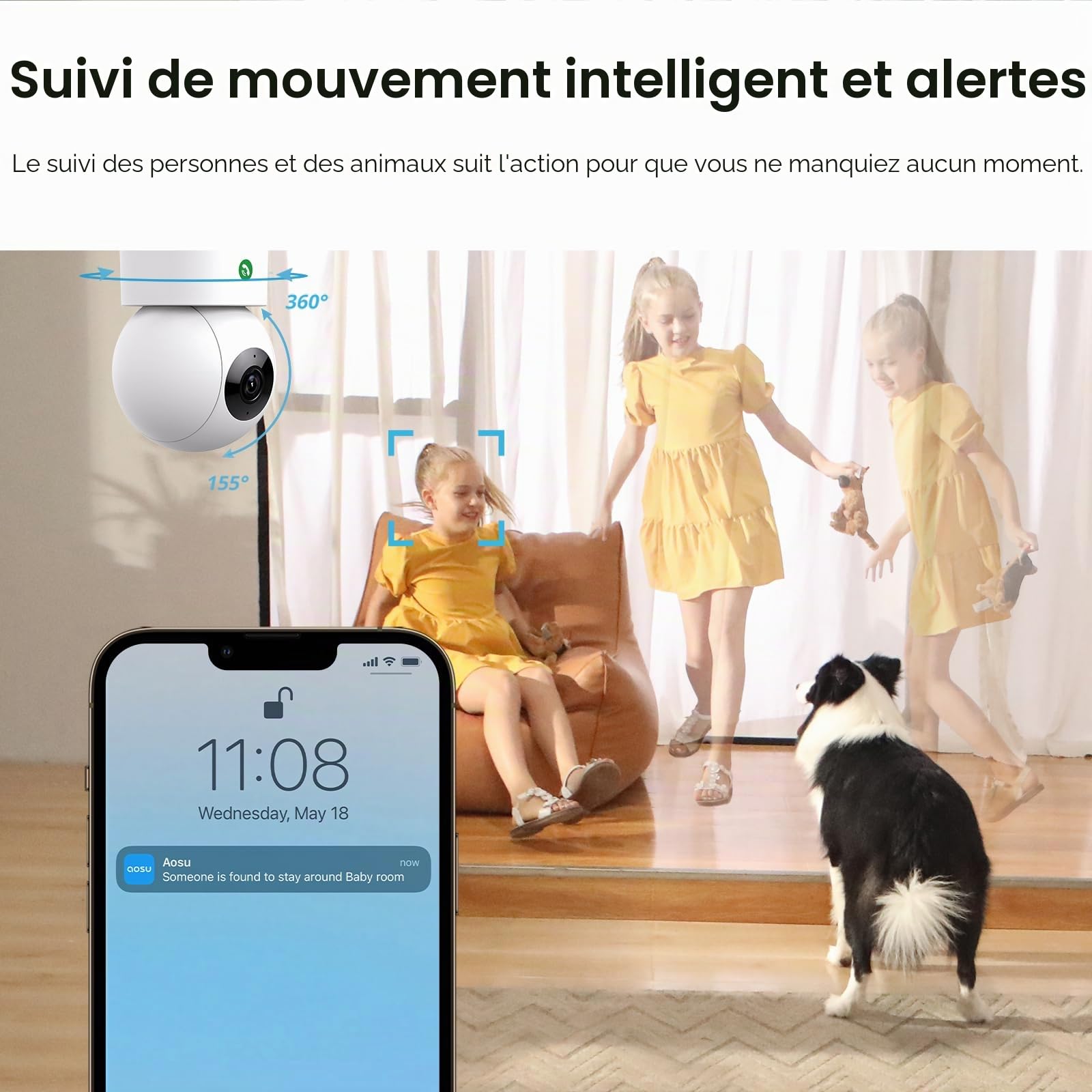 AOSU Lot de 2 caméras de Surveillance d'intérieur 4 MP – Caméra de Surveillance pour bébé 2,5 K à 360° pour la sécurité à Domicile, caméra WiFi avec routeur Wi-FI 5/2,4 GHz, Appel à Une Touche, Suivi
