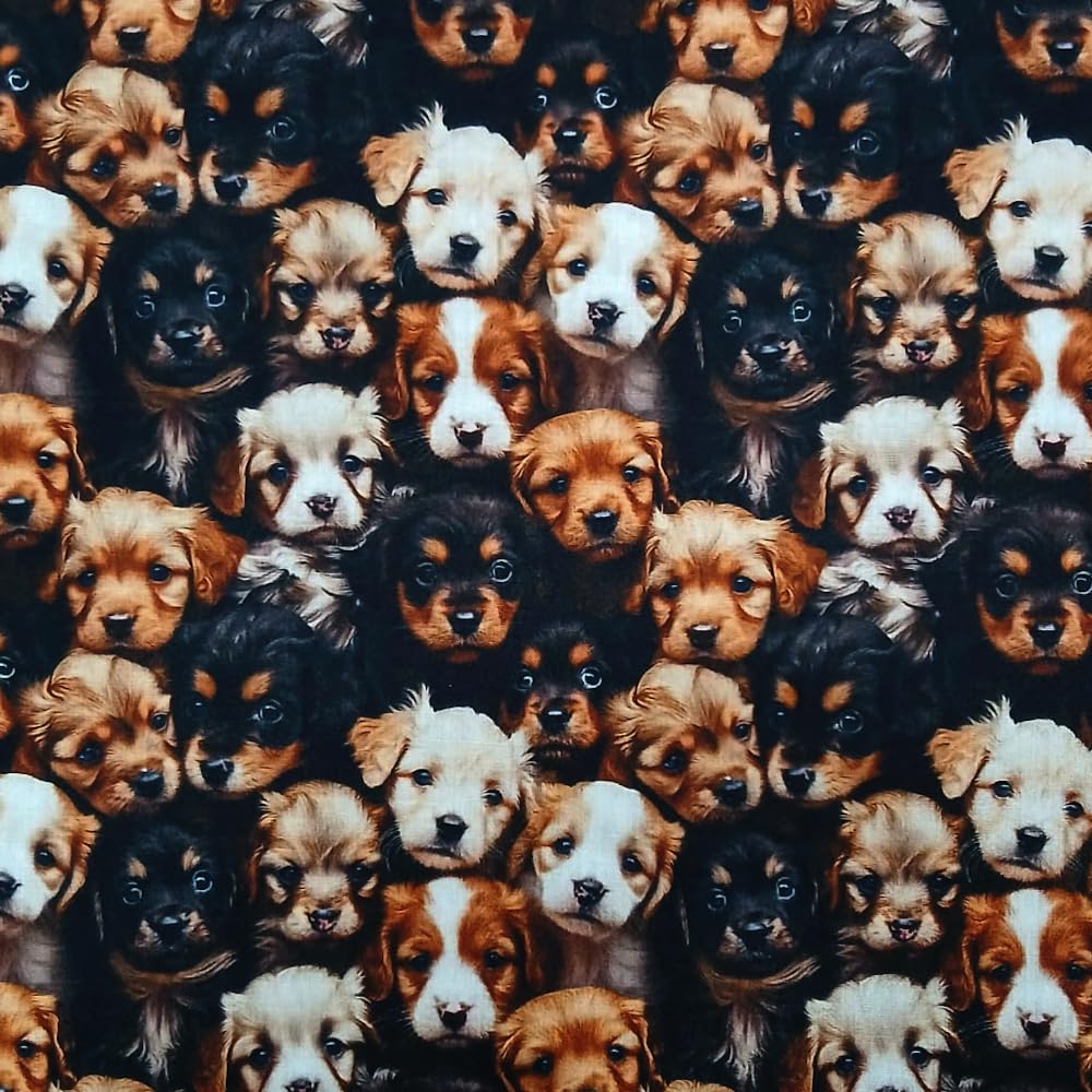 Oh Sew Crafty Limited Green, Black, White Polycotton Fabric Oh Sew Crafty Realistic Puppies Dog Print 110Cm Wide (Price Per Metre)