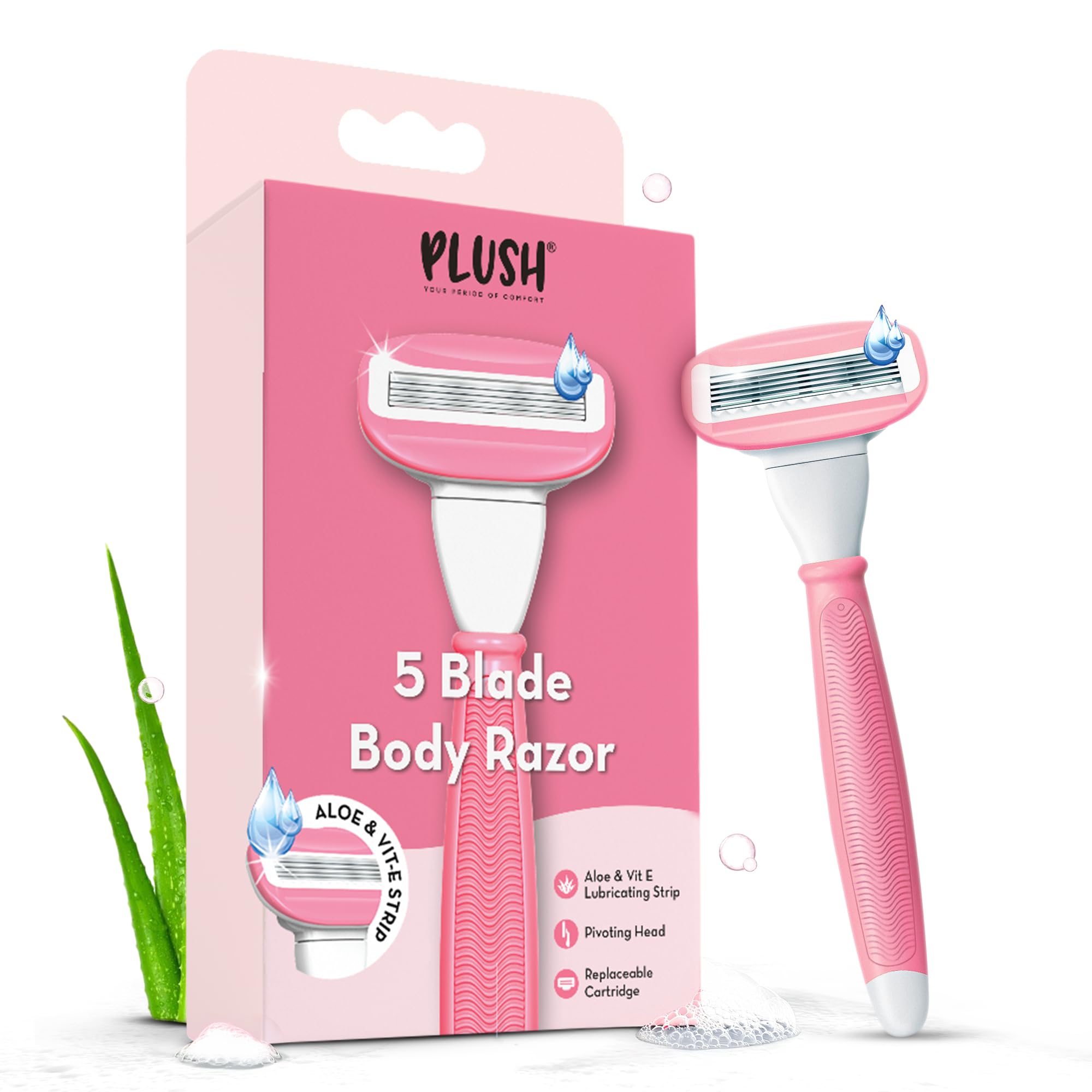 Plush 5 Sweden Steel Blade Body Razor for Woman | Reusable Body Razor with Aloe Vera Lubricating Strip | Pivoting Head | Irritation-Free, Easy & Safe, No Bumps | Ideal for All Skin Types