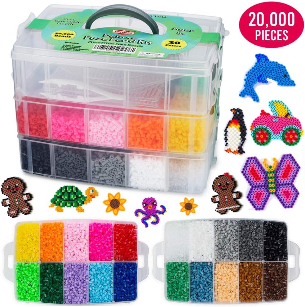 20,000 Deluxe Fuse Bead Kit Including 6 Peg Boards, Transparent Ironing Sheets, Tweezers and Case - Fuse Beads Compatible with Perler Beads