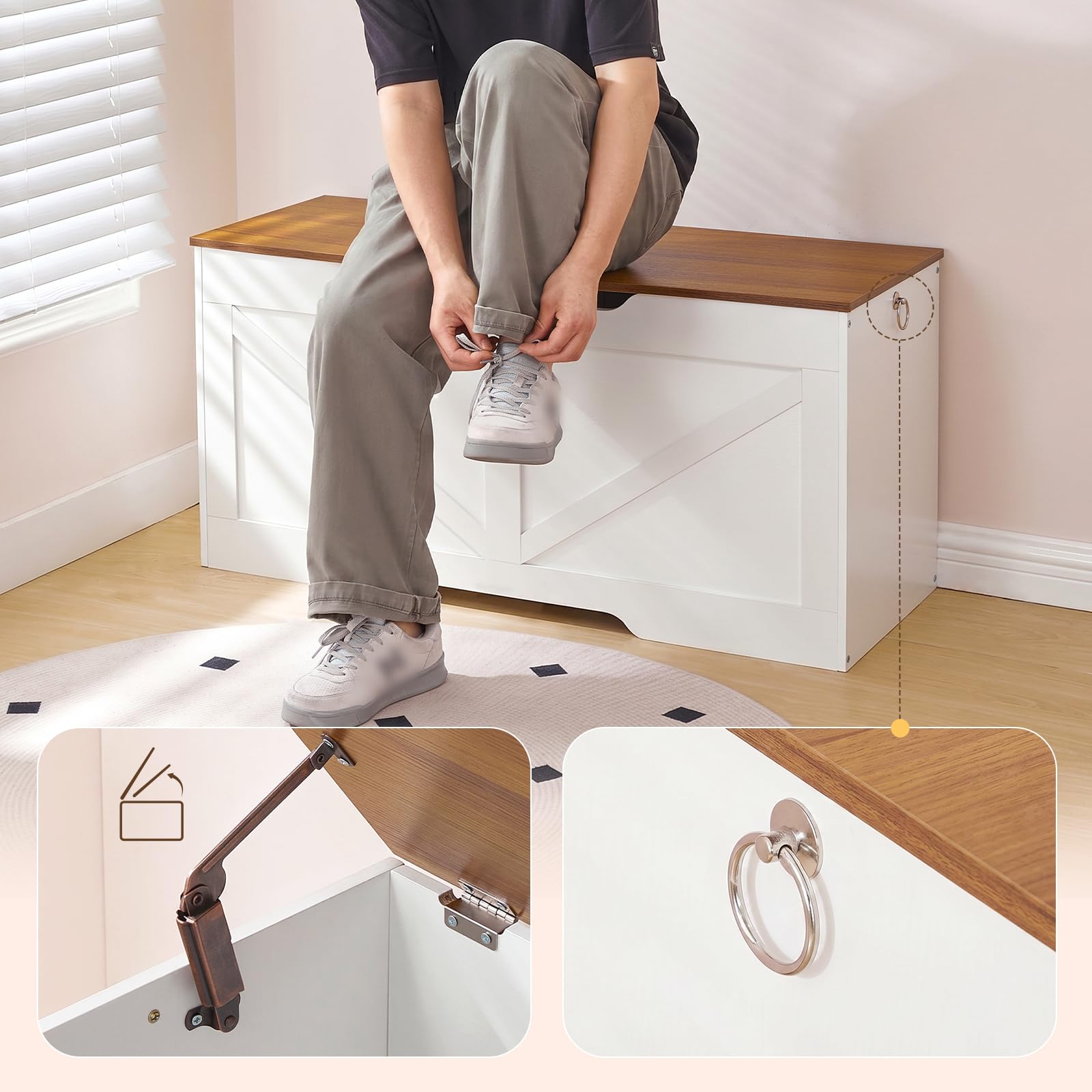HOOBRO Baúles con Espacio de Almacenamiento, Caja de Juguetes con Tapa, Banco de baúl, Caja de Almacenamiento, 2 Anillas, 100 cm, Resistente, Estable, para niños, Pasillo, Blanco y Nogal EWH771CW01G1