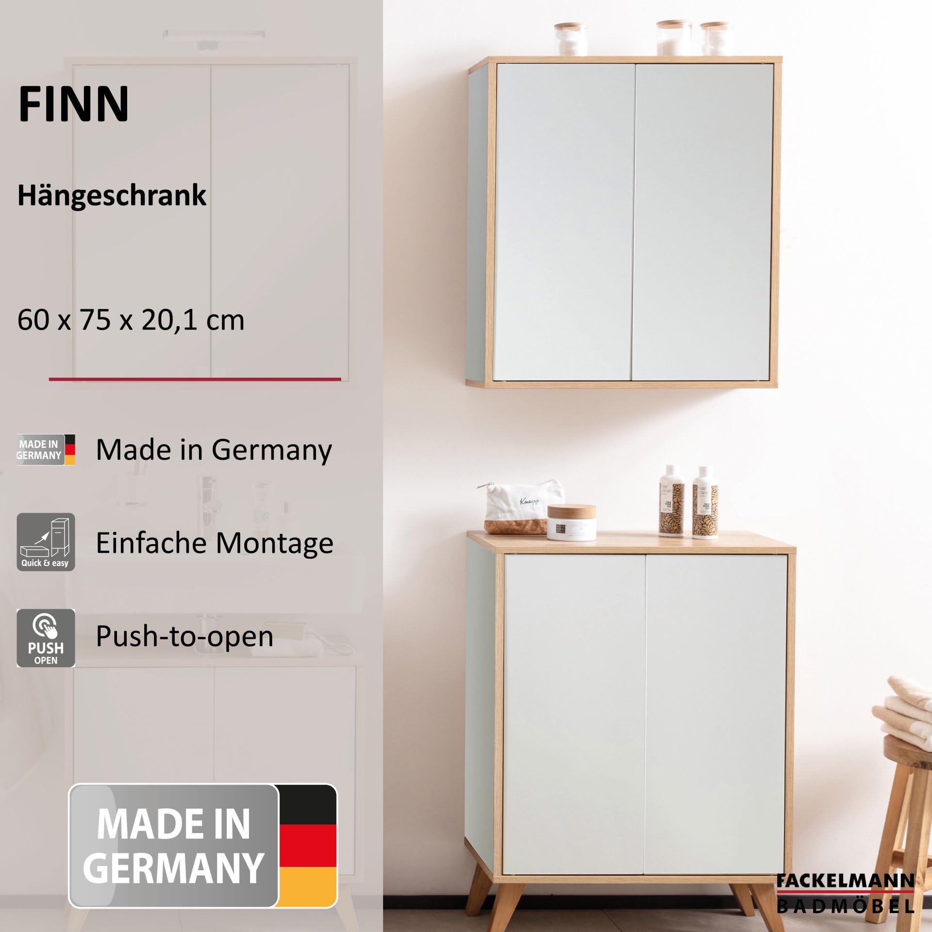 FACKELMANN Finn Hängeschrank Weiß im Retrostil, 60 cm breit, mit Push-to-Open Technik und Rahmendekor in Eichen-Optik, ideal für kleine Bäder und Gäste WCs