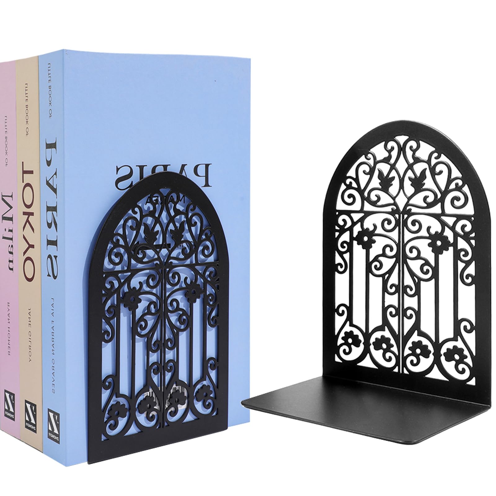 Book Ends - Black Decorative Metal Bookends, Heavy Duty Book Ends for Shelves, Book Holder with Non-Slip Rubber Pad, Book Divider Stopper Organiser Desktop Shelves for Home,Office,Library, School