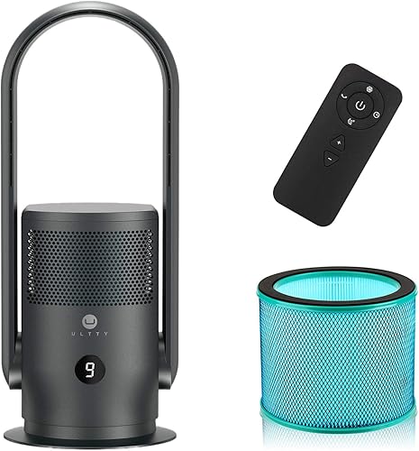 ULTTY Ventilador de torre sin aspas y purificador de aire en uno, ventilador oscilante sin aspas de 90° con control remoto, táctil, temporizador de