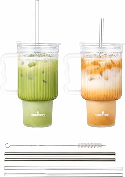Ribbed Glass Tumbler with Lid and Straws 20oz Set of 2 Borosilicate Glass Tumblers with Handle, Lids, and Straws Iced Coffee Glass Cups, Glass Travel Cup, Hot & Cold Drinks